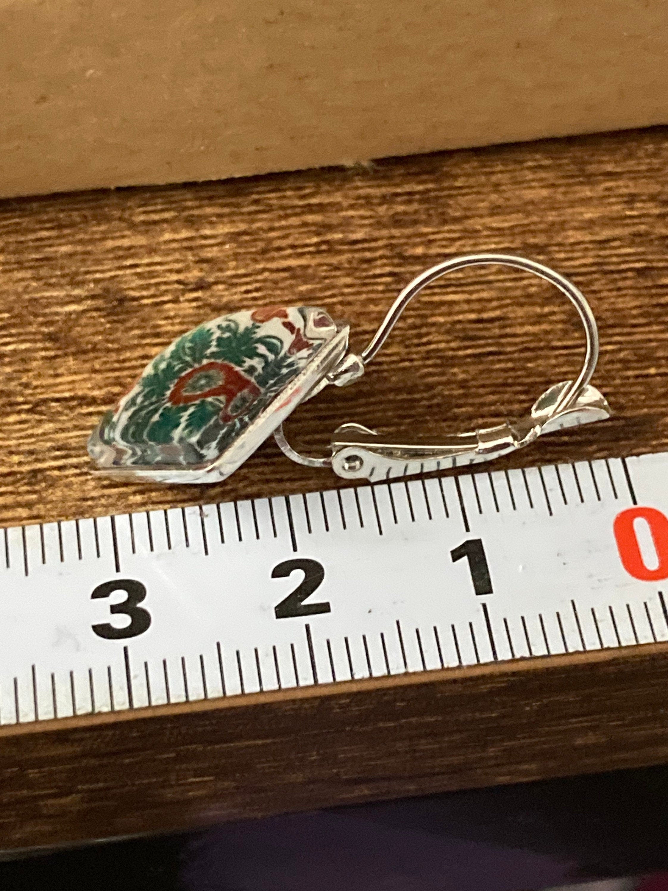 Art nouveau green tile print stainless steel drop earrings