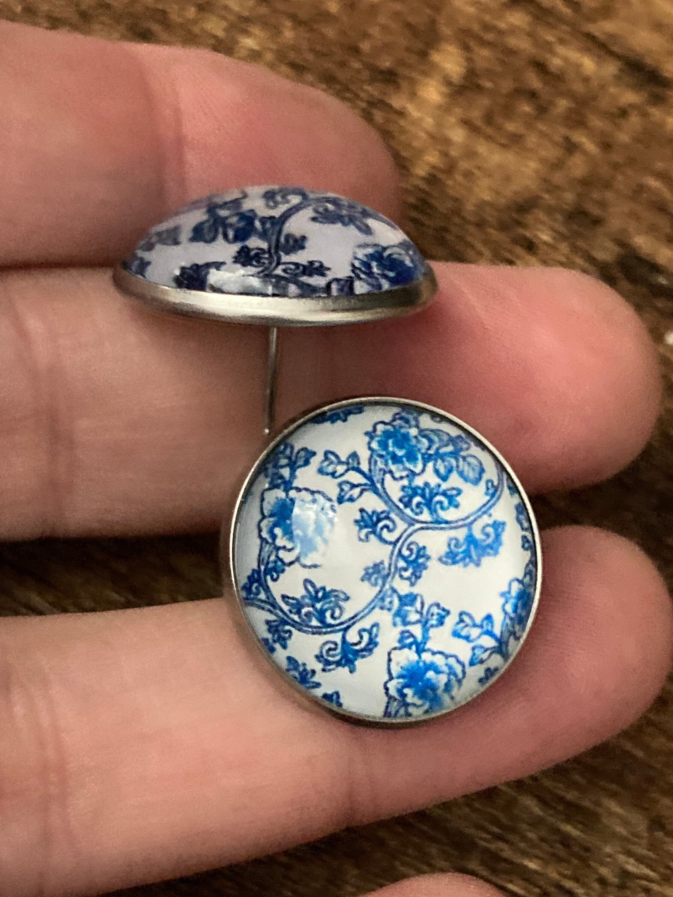 blue and white floral earrings print glass stainless steel studs