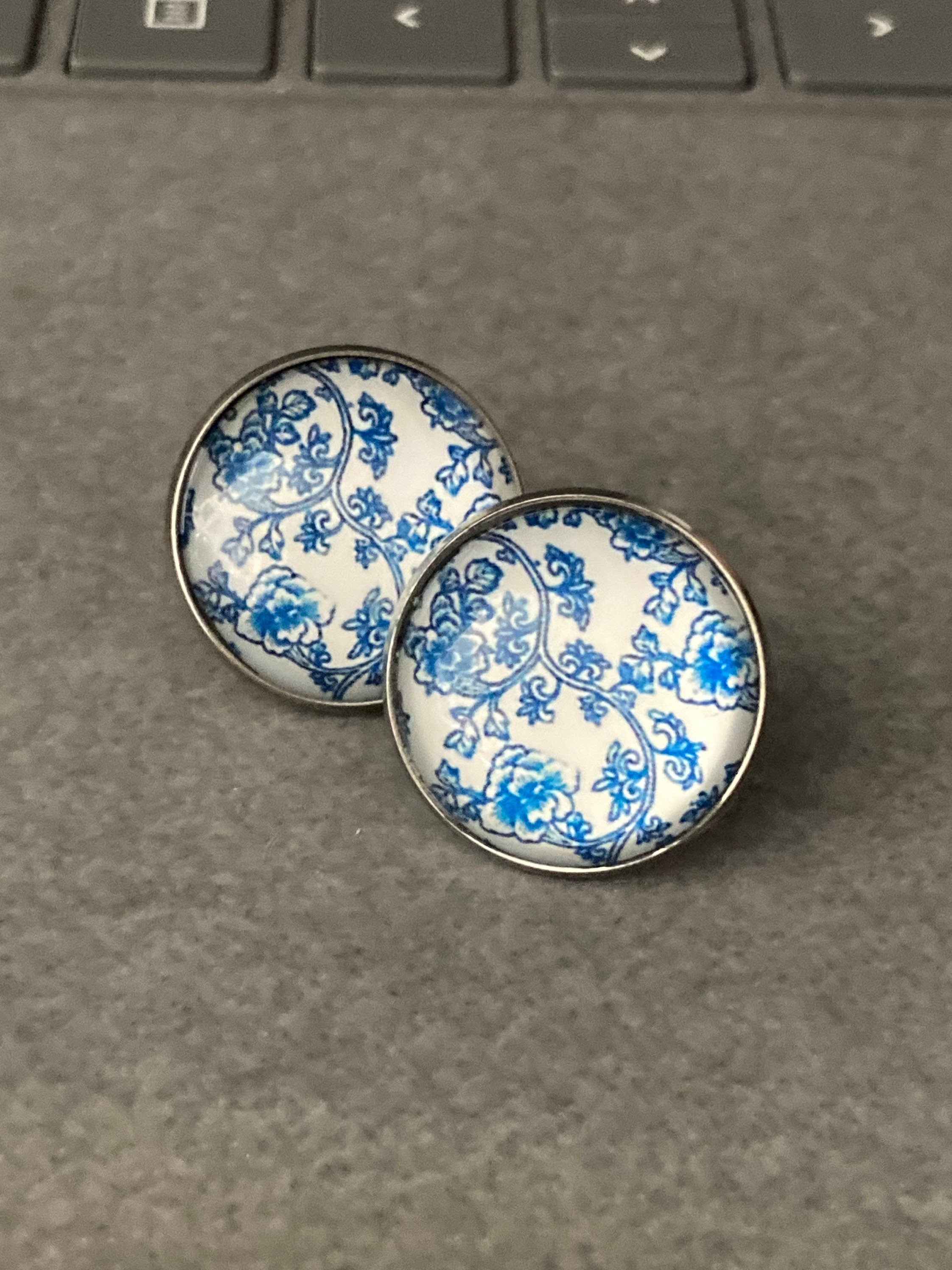 blue and white floral earrings print glass stainless steel studs