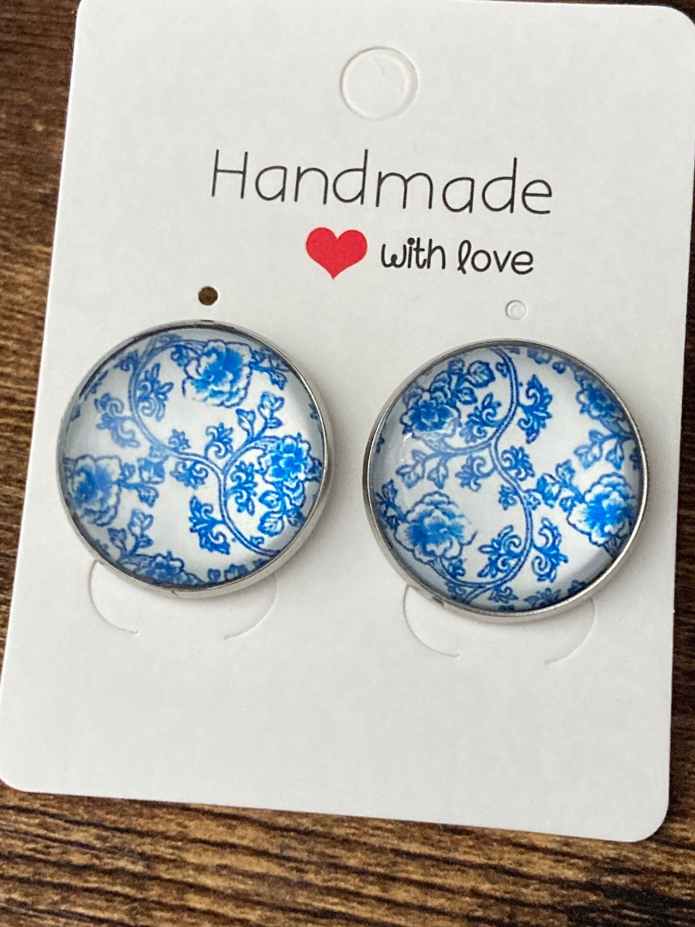 blue and white floral earrings print glass stainless steel studs