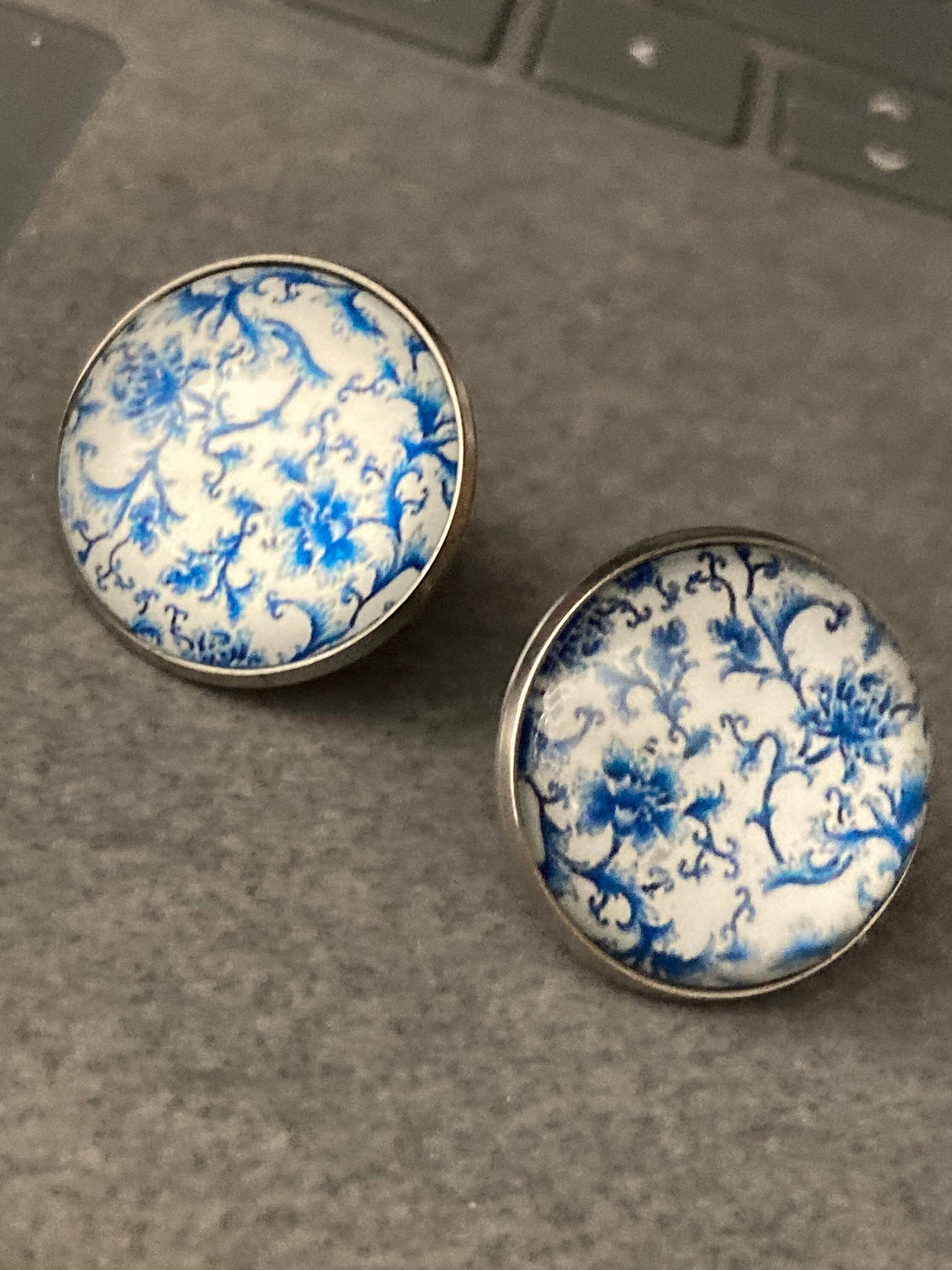 blue and white earrings floral print round glass stainless steel studs