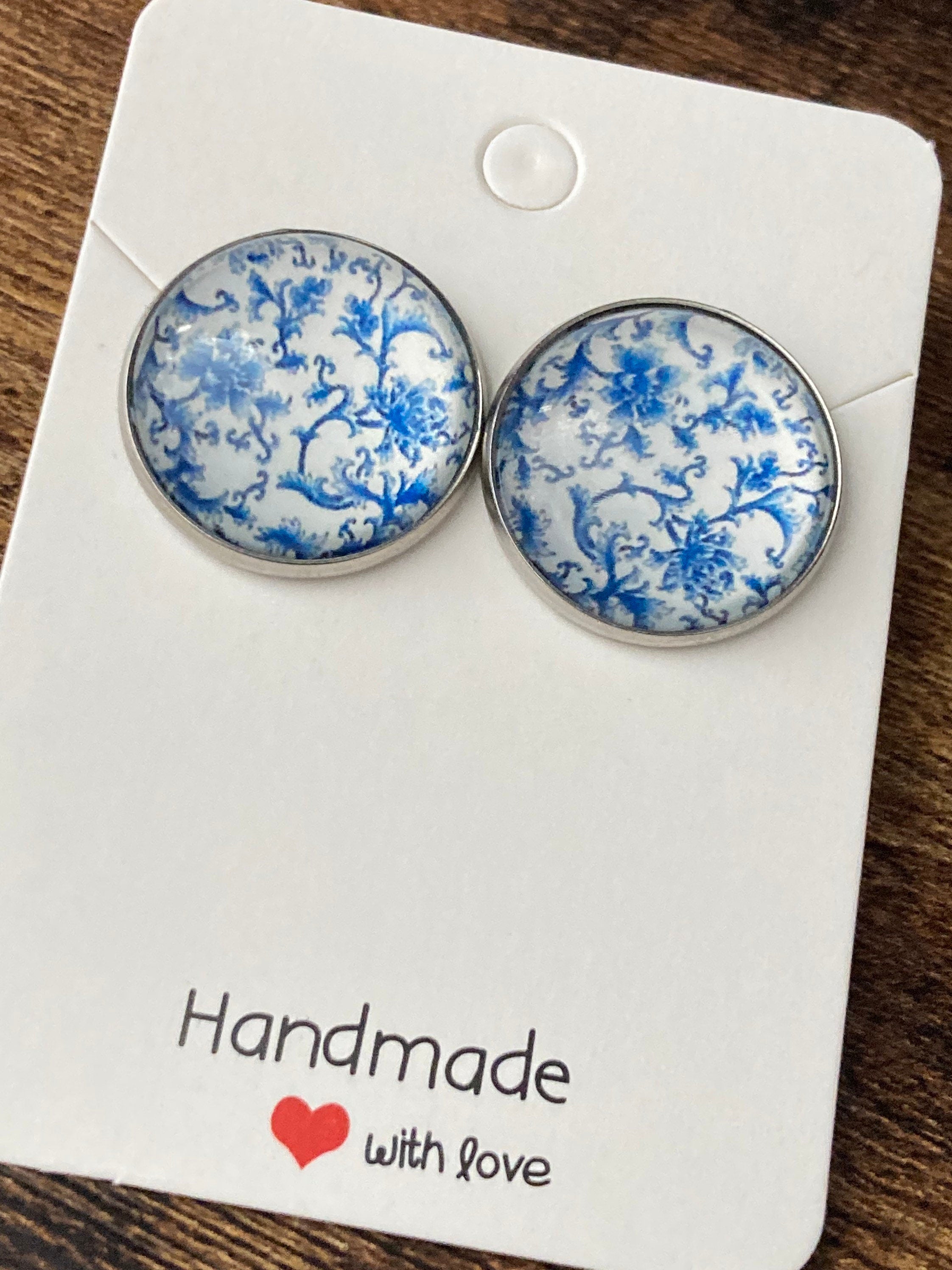 blue and white earrings floral print round glass stainless steel studs