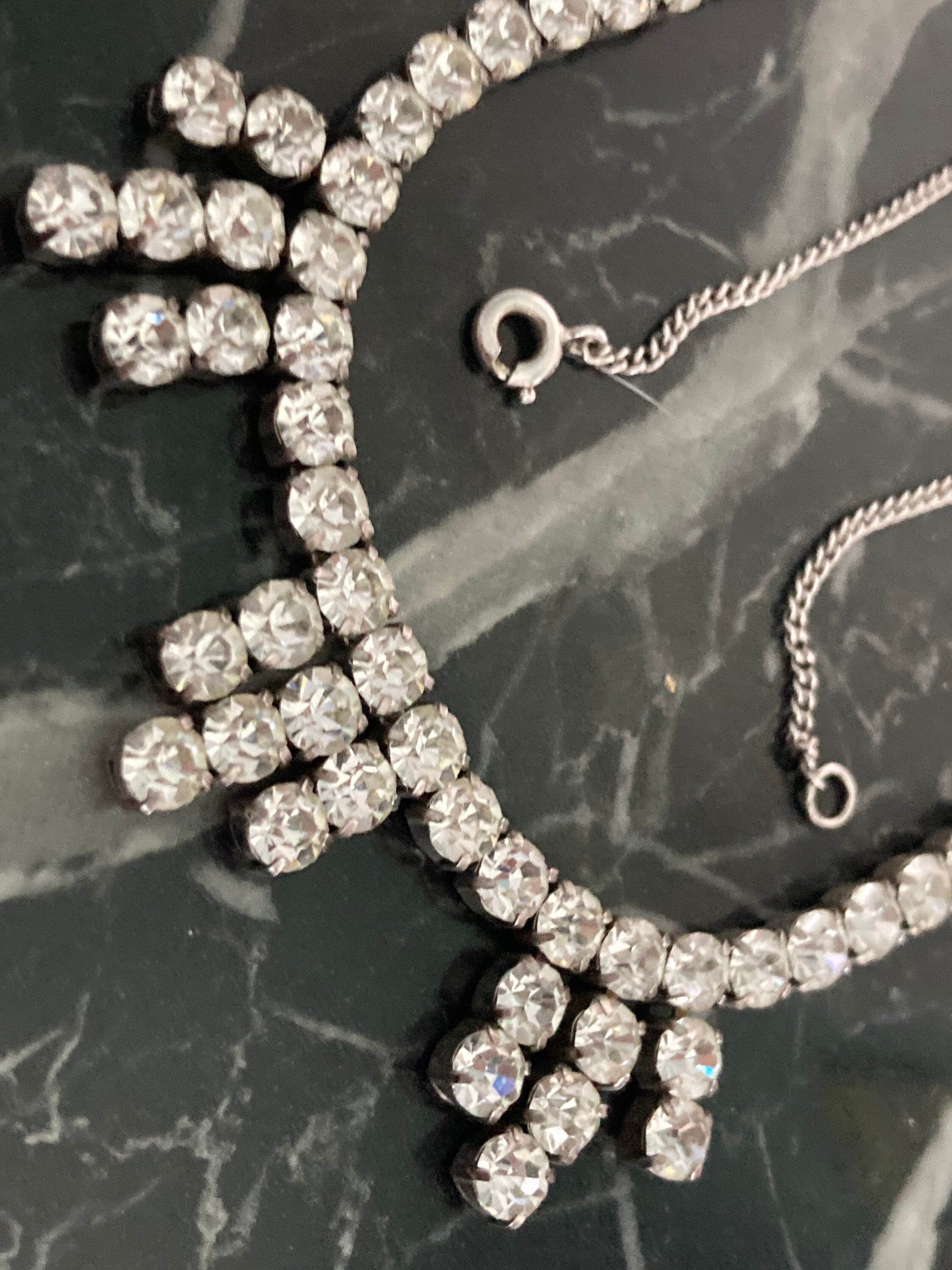 Vintage diamanté rhinestone silver cocktail necklace 39cm