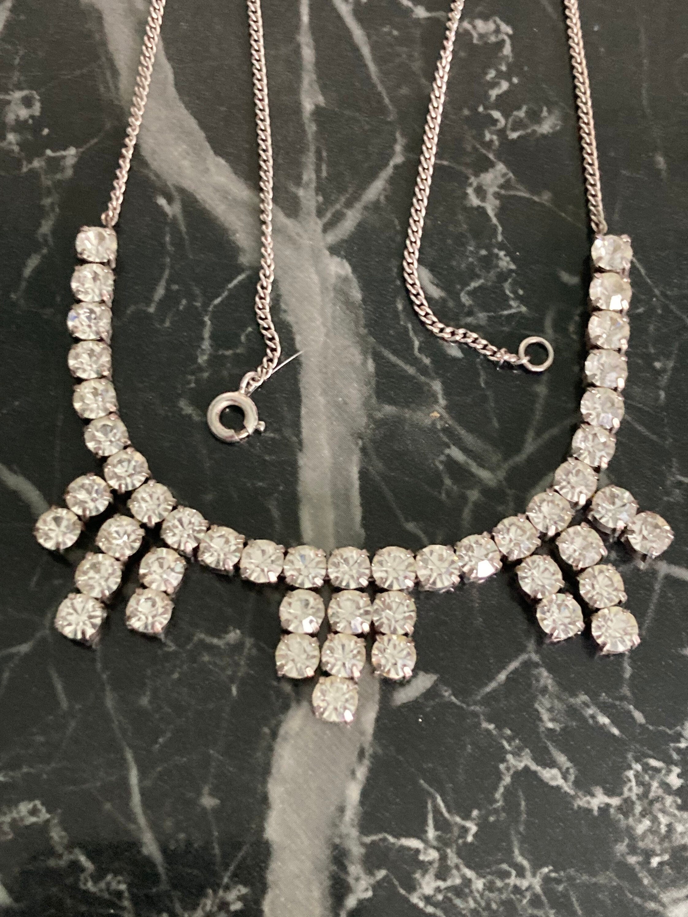 Vintage diamanté rhinestone silver cocktail necklace 39cm