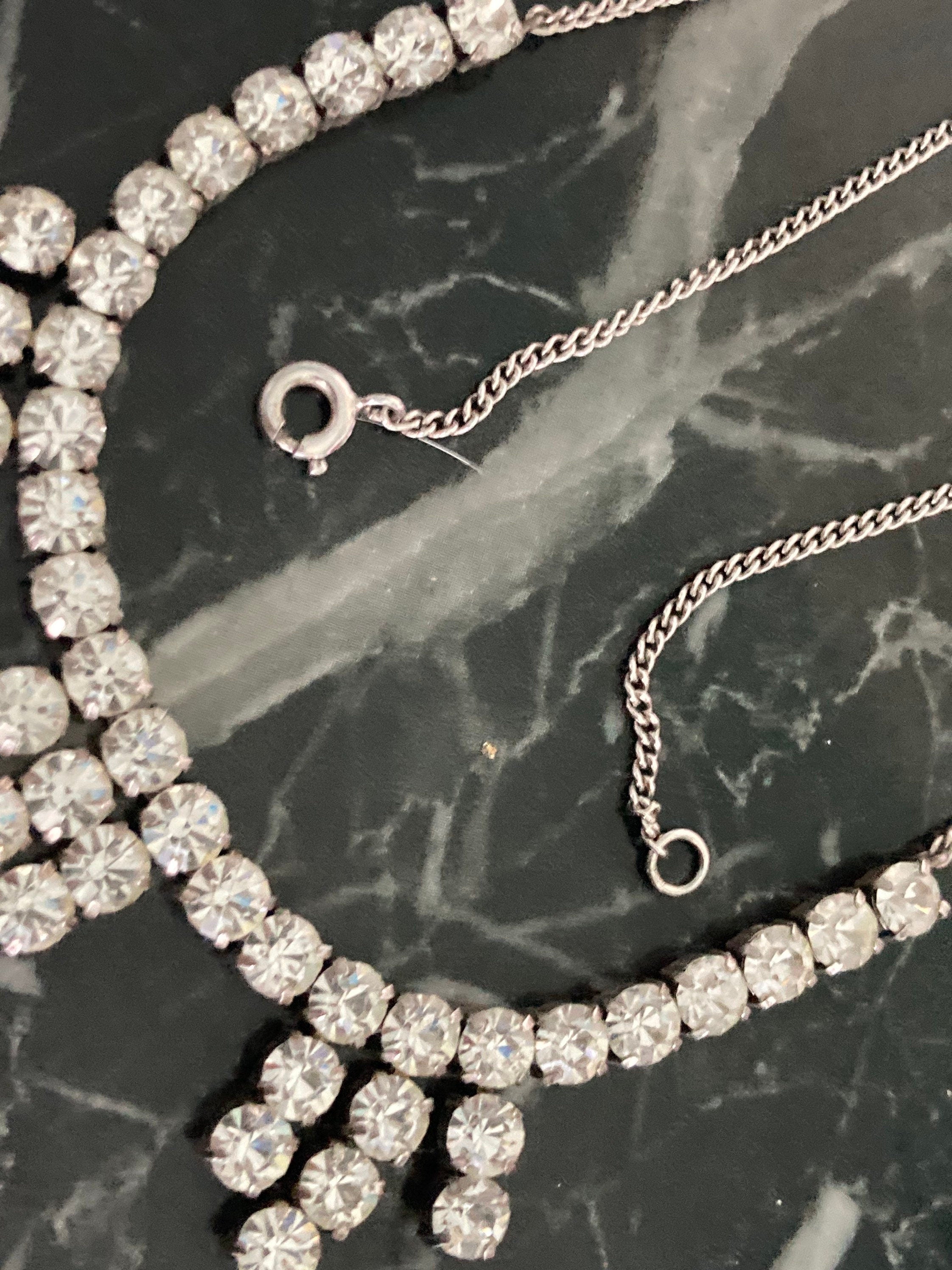 Vintage diamanté rhinestone silver cocktail necklace 39cm