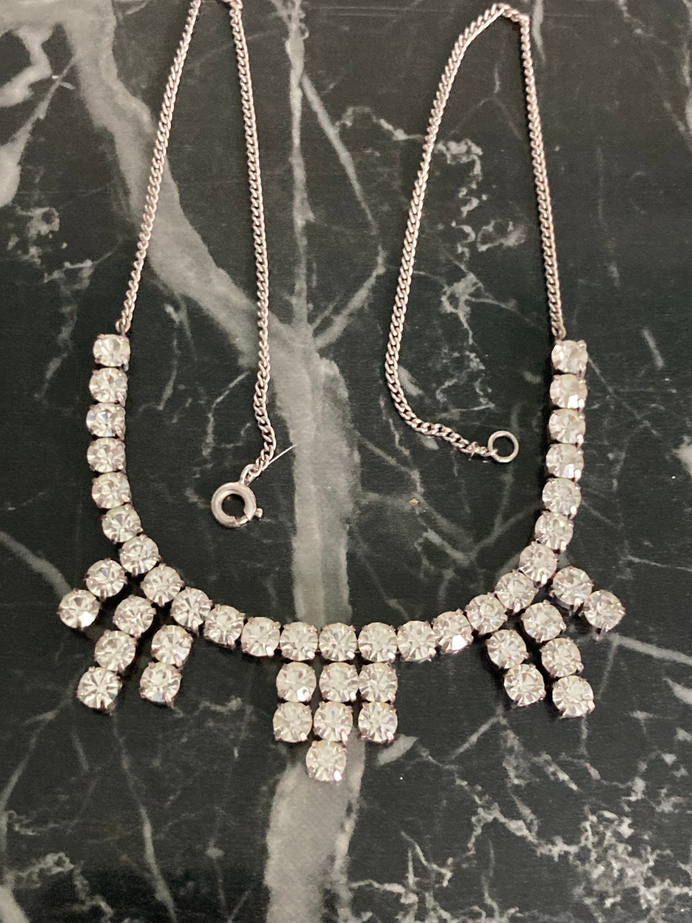 Vintage diamanté rhinestone silver cocktail necklace 39cm
