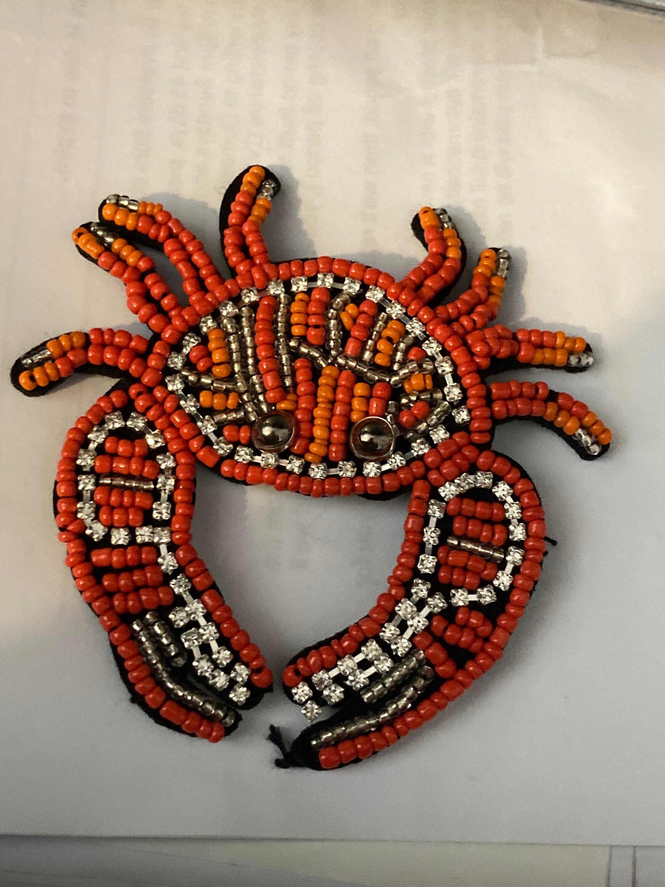Orange Seed Bead Crab Patch: Sew-On Diamanté Appliqué (9cm x 8cm)