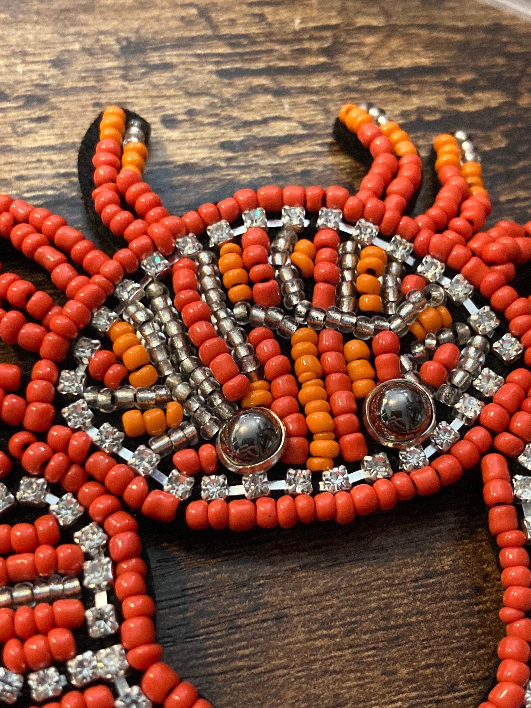 Orange Seed Bead Crab Patch: Sew-On Diamanté Appliqué (9cm x 8cm)