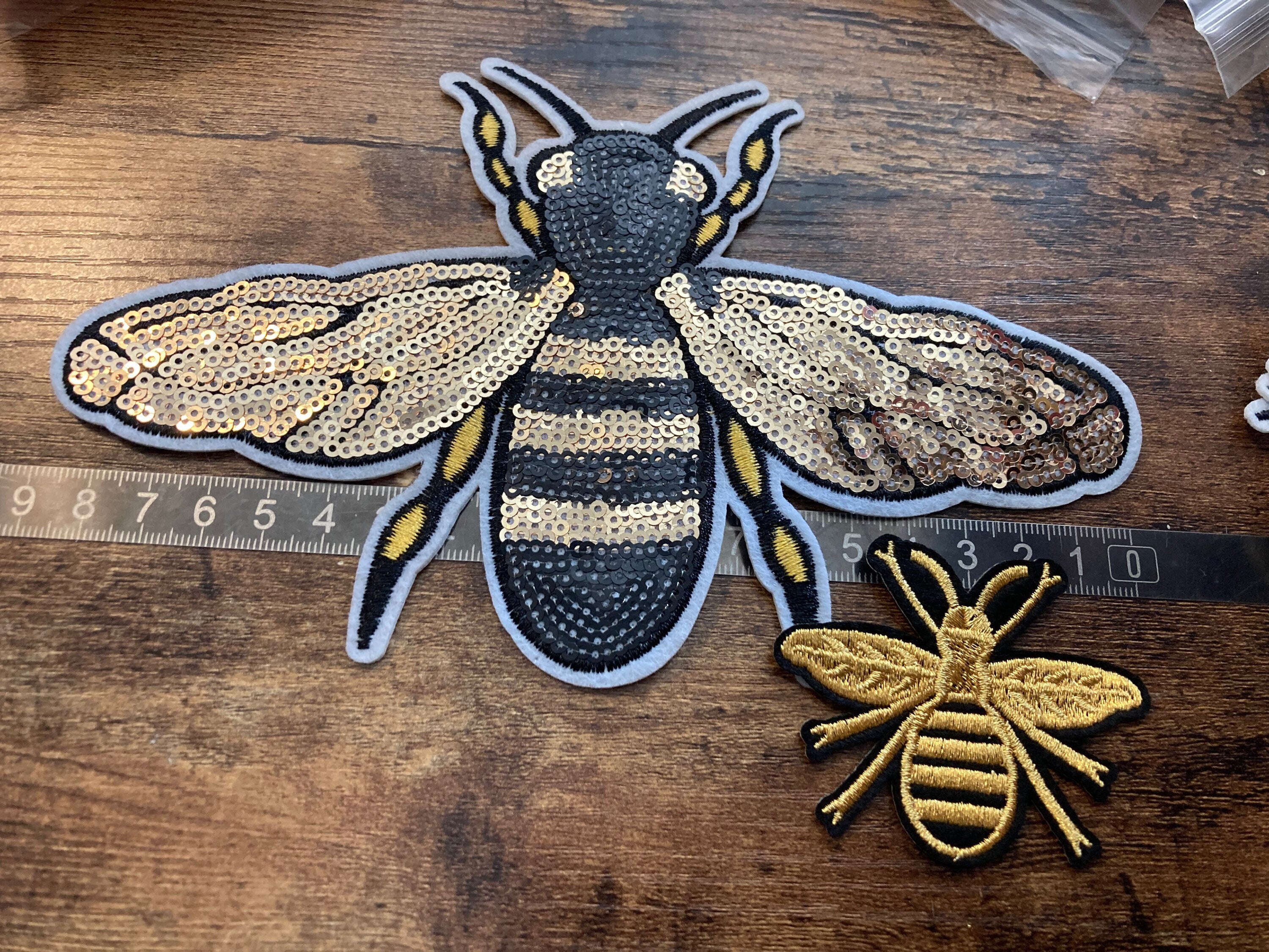 Small Iron On bumble BEE Patch, Black and Gold appliqué craft
