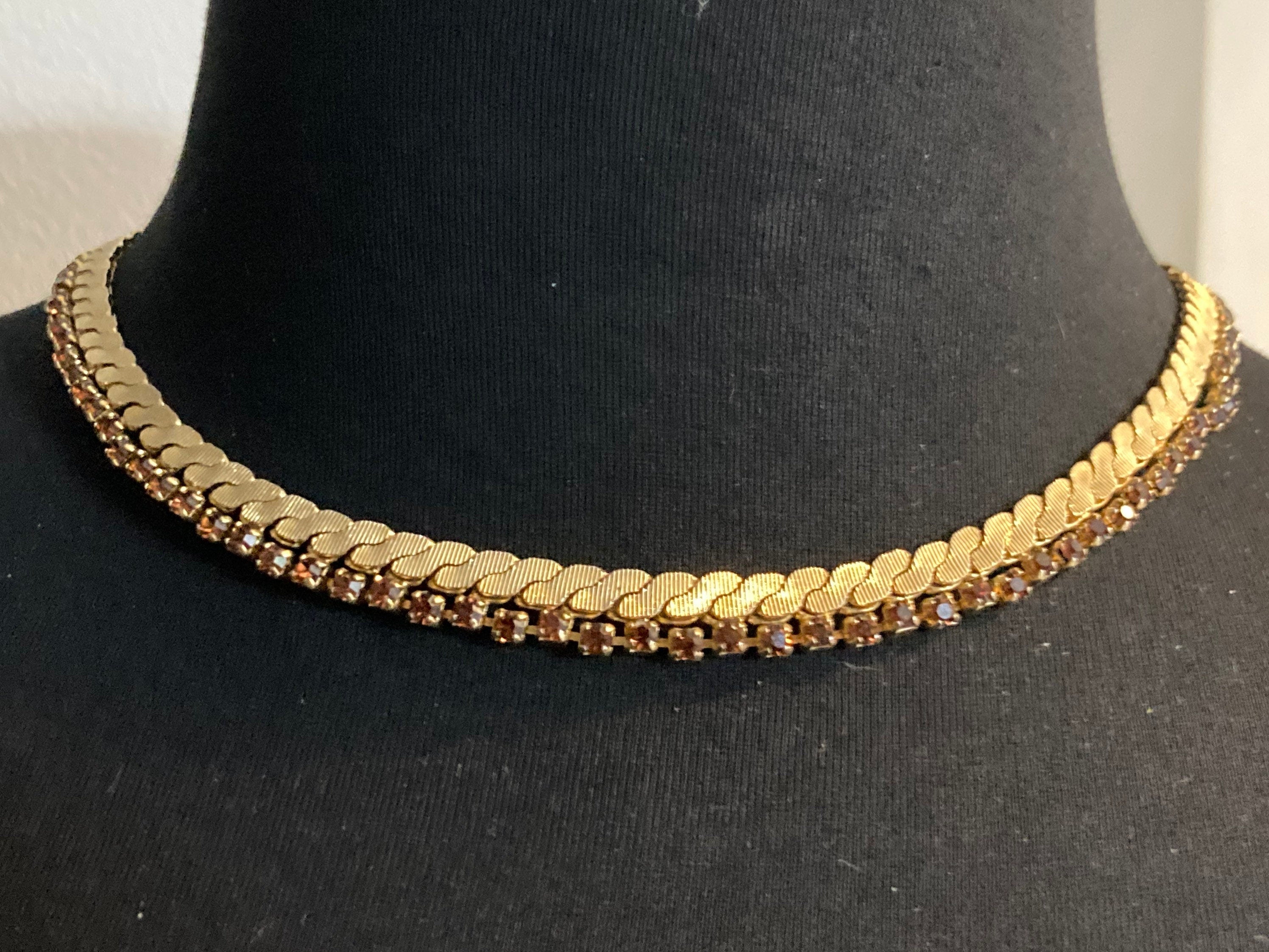 cognac glass brown diamante woven choker necklace, Vintage mid century gold plated