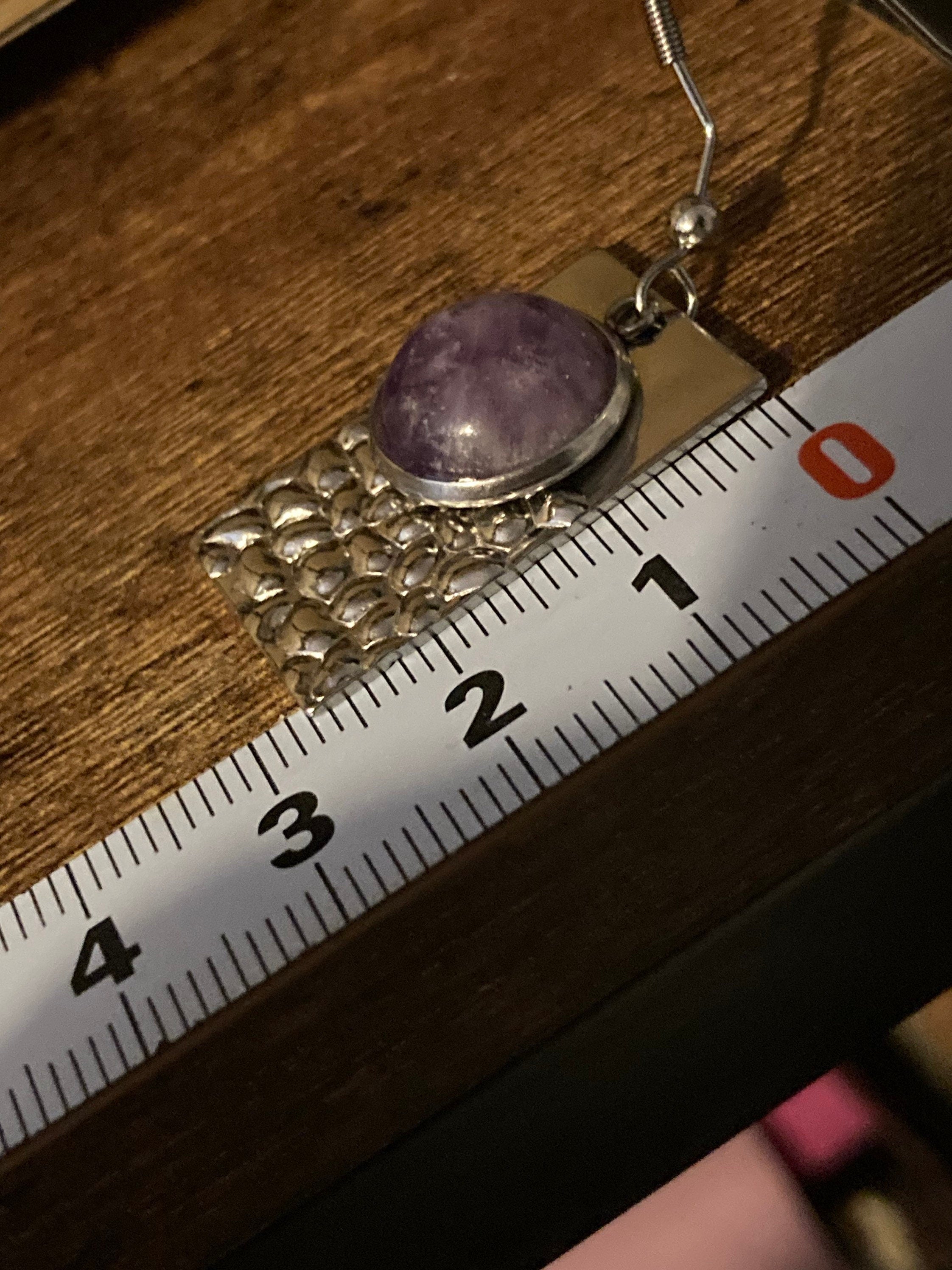 Purple amethyst gemstone dangly earrings stainless steel modernist planished metal