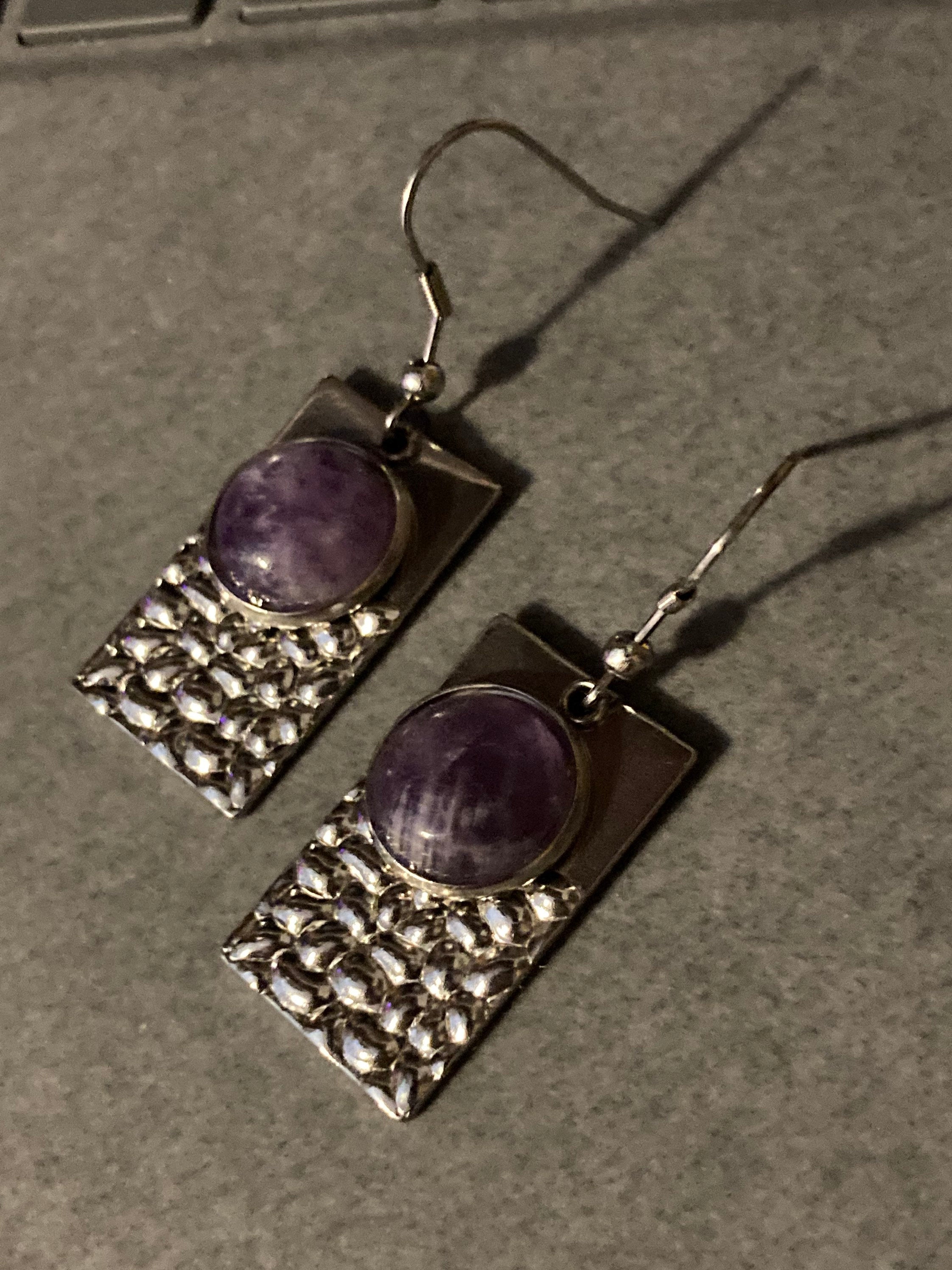 Purple amethyst gemstone dangly earrings stainless steel modernist planished metal