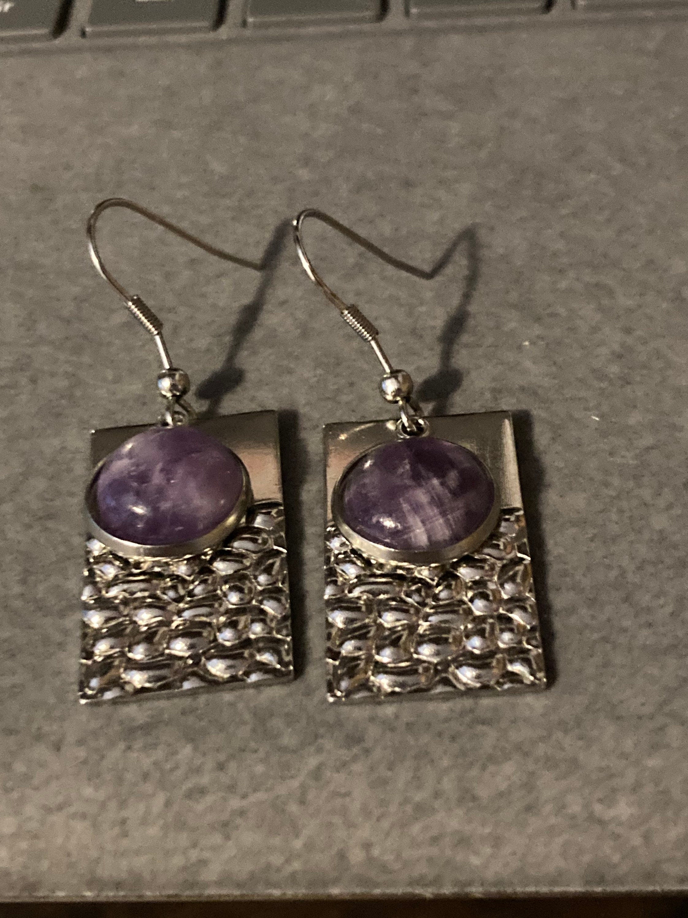 Purple amethyst gemstone dangly earrings stainless steel modernist planished metal