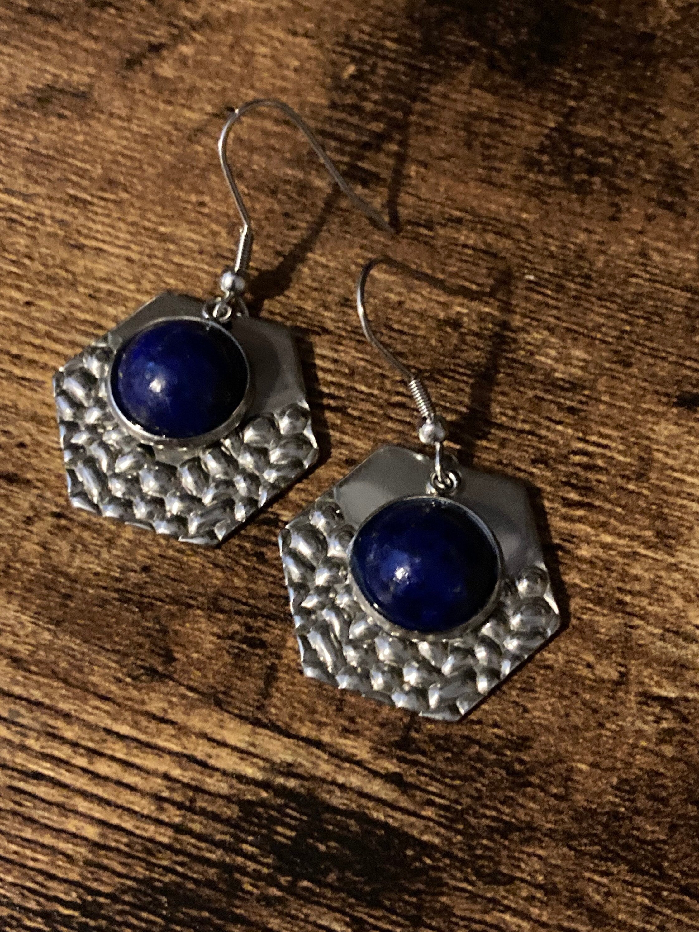 textured stainless steel silver tone hexagon drop earrings with natural blue lapis lazuli gemstone