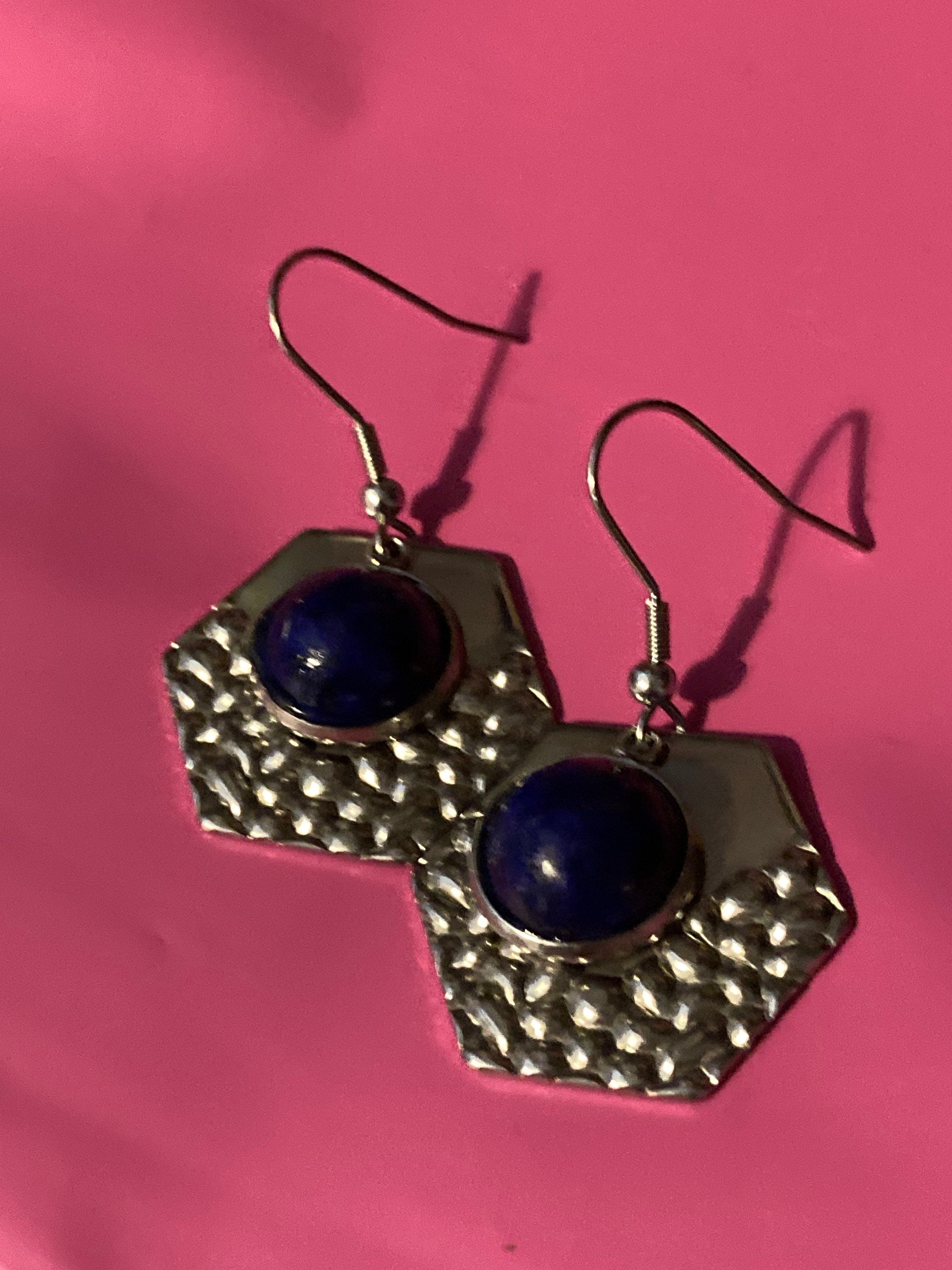 textured stainless steel silver tone hexagon drop earrings with natural blue lapis lazuli gemstone