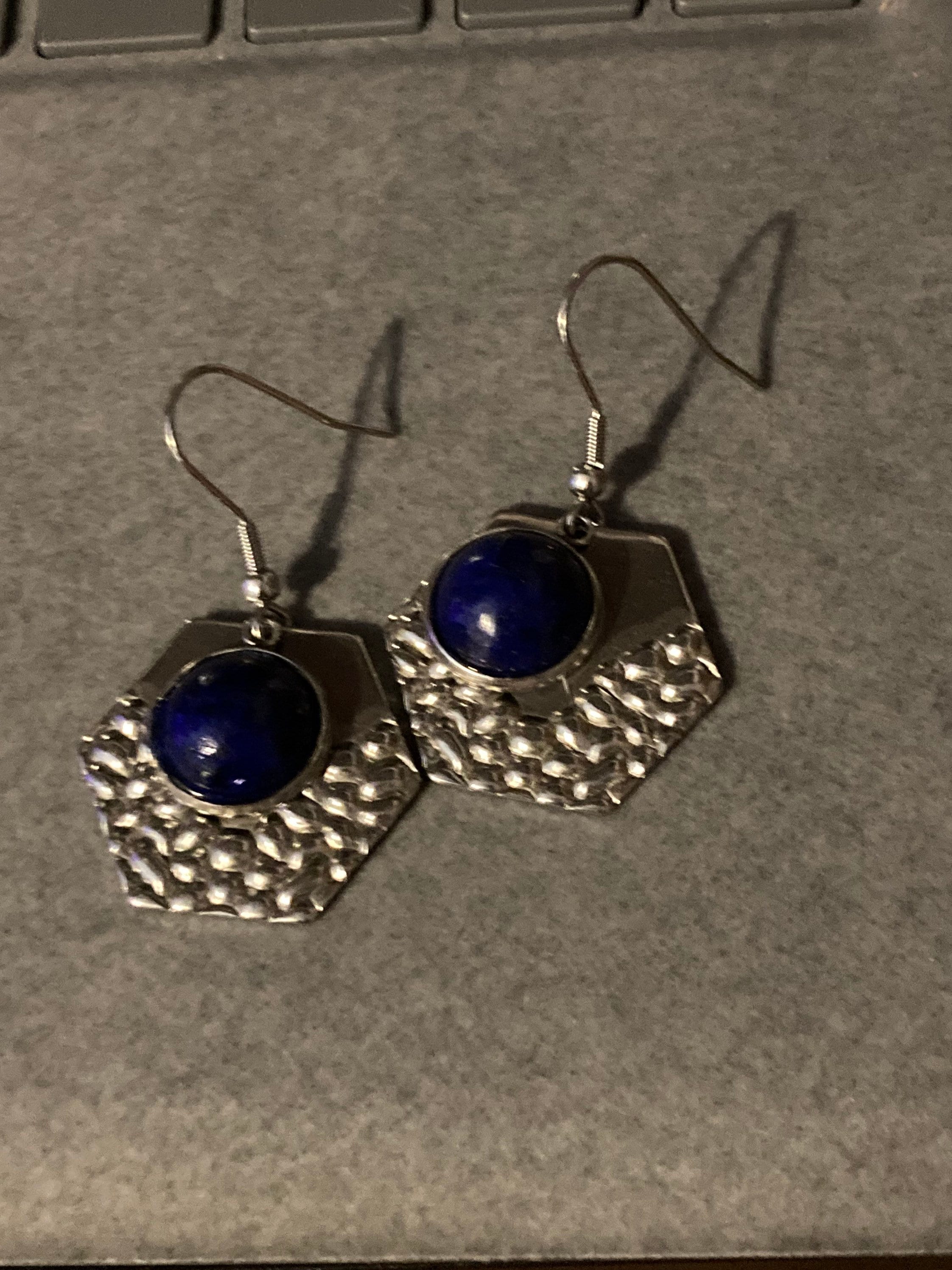 textured stainless steel silver tone hexagon drop earrings with natural blue lapis lazuli gemstone