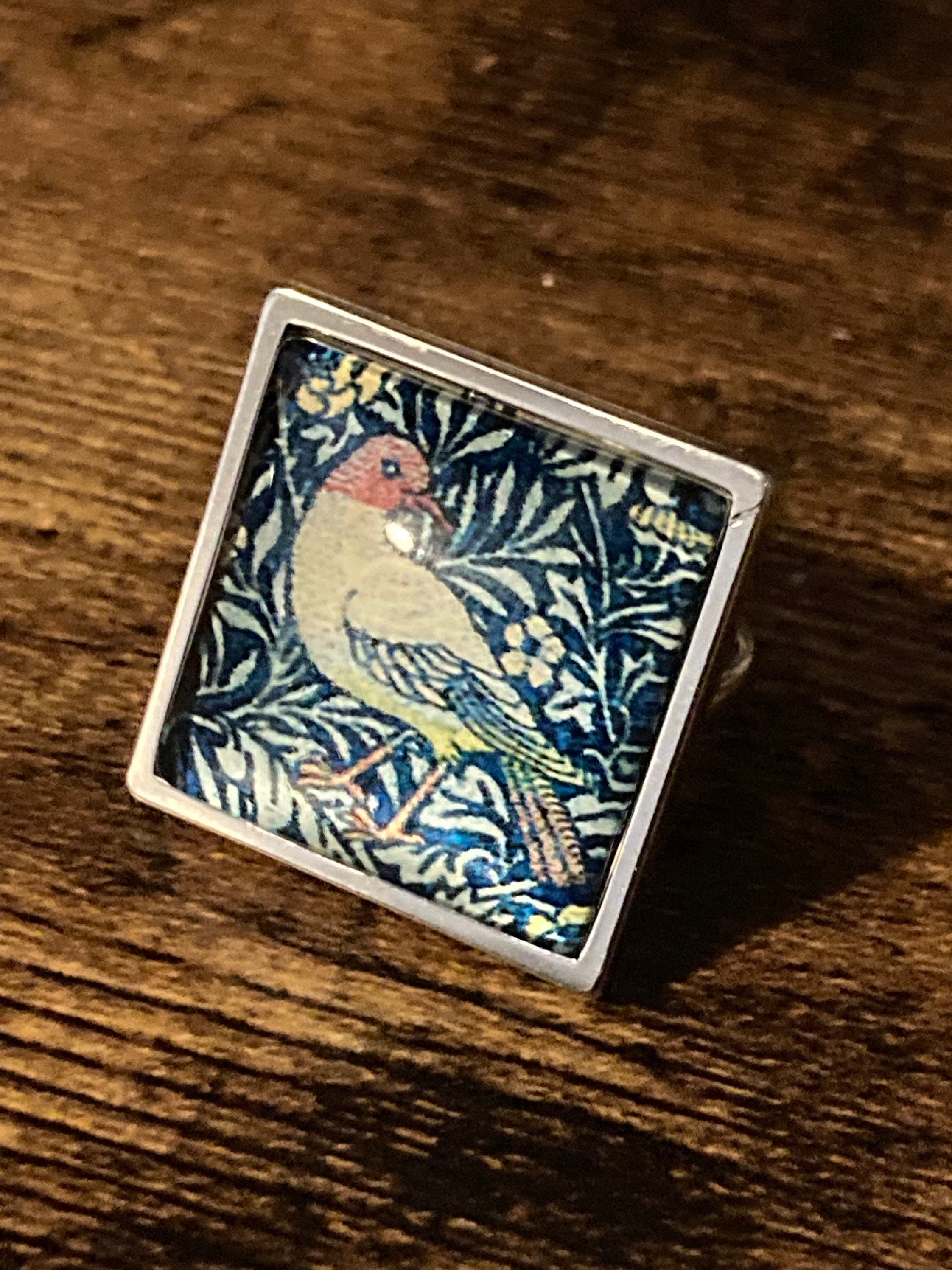 William Morris print ring BIRD design square glass cabochon adjustable