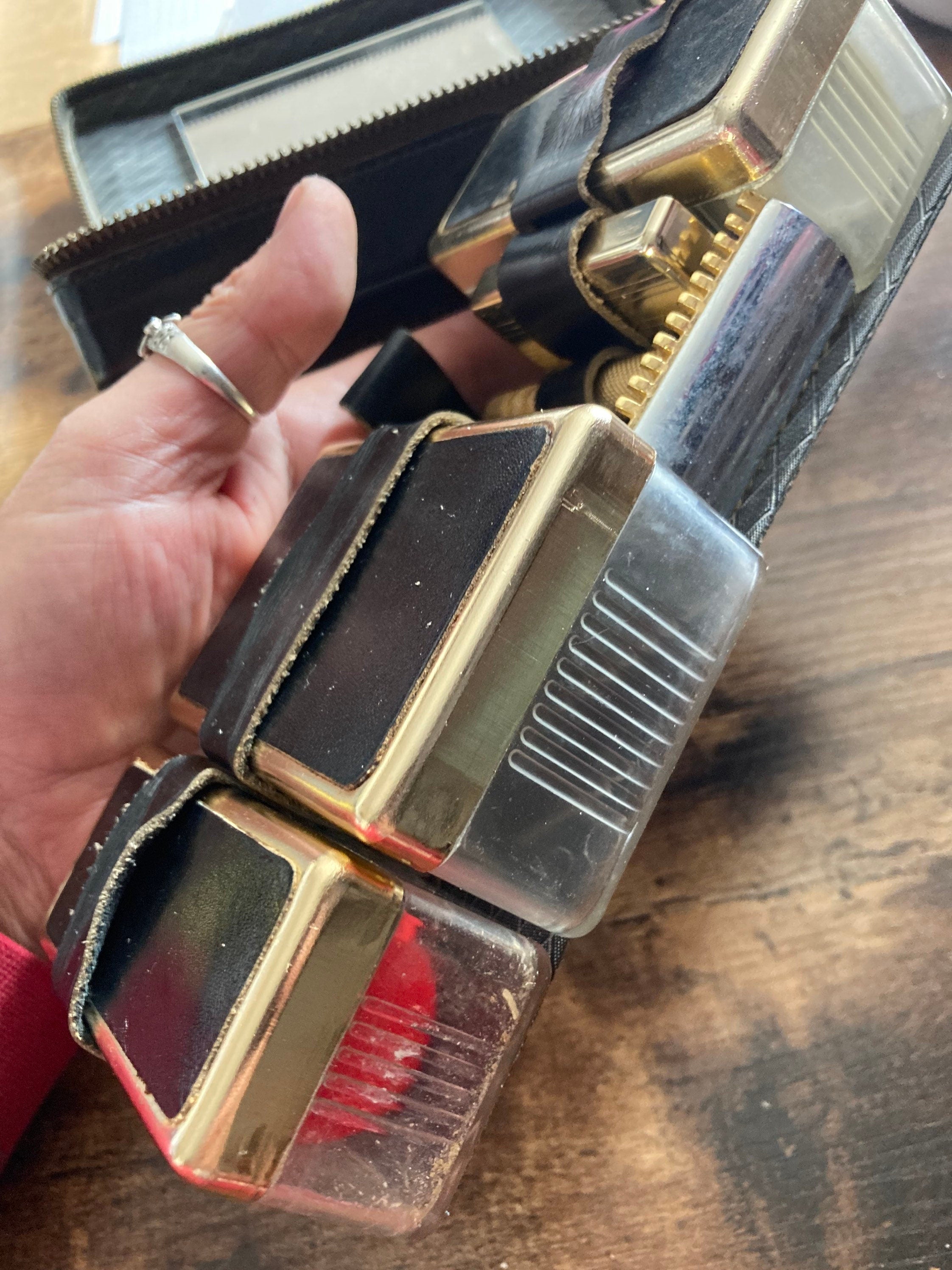 Vintage Mens black leather grooming kit set with razor