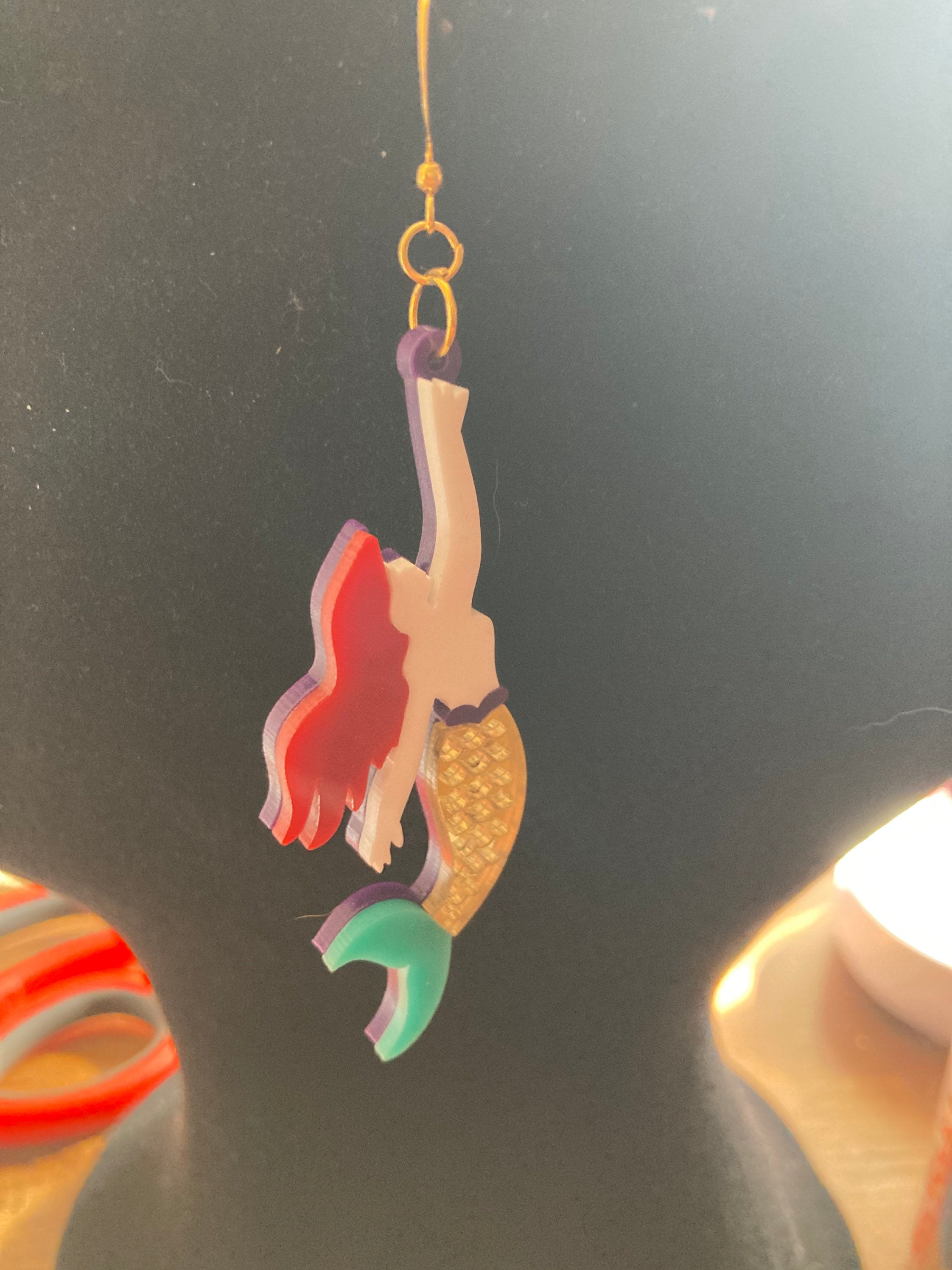 Novelty gold metallic Little mermaid long drop Earrings Perspex