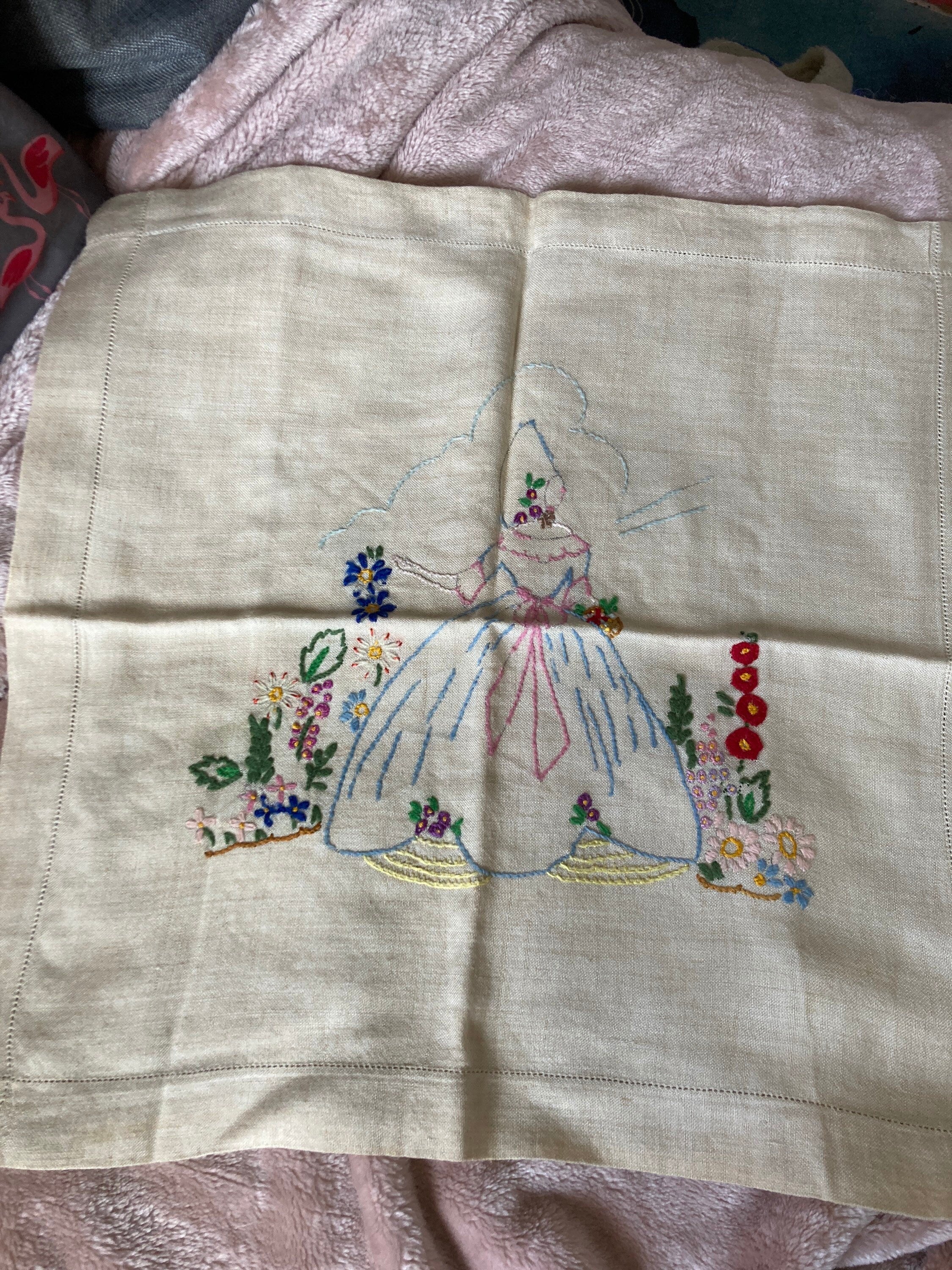 Crinoline lady Vintage beige square hand embroidered linen pillow cushion cover 18 inch