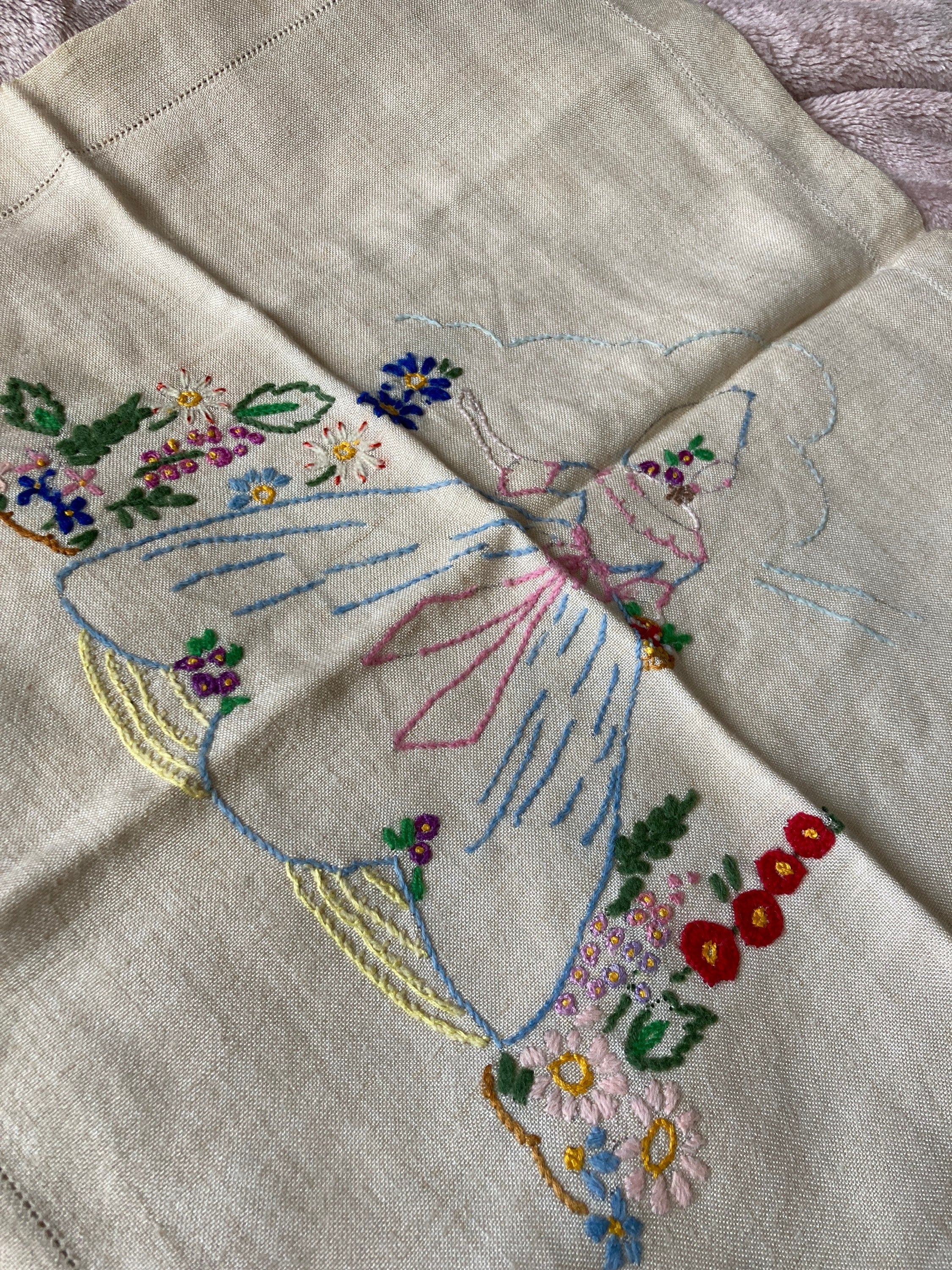 Crinoline lady Vintage beige square hand embroidered linen pillow cushion cover 18 inch