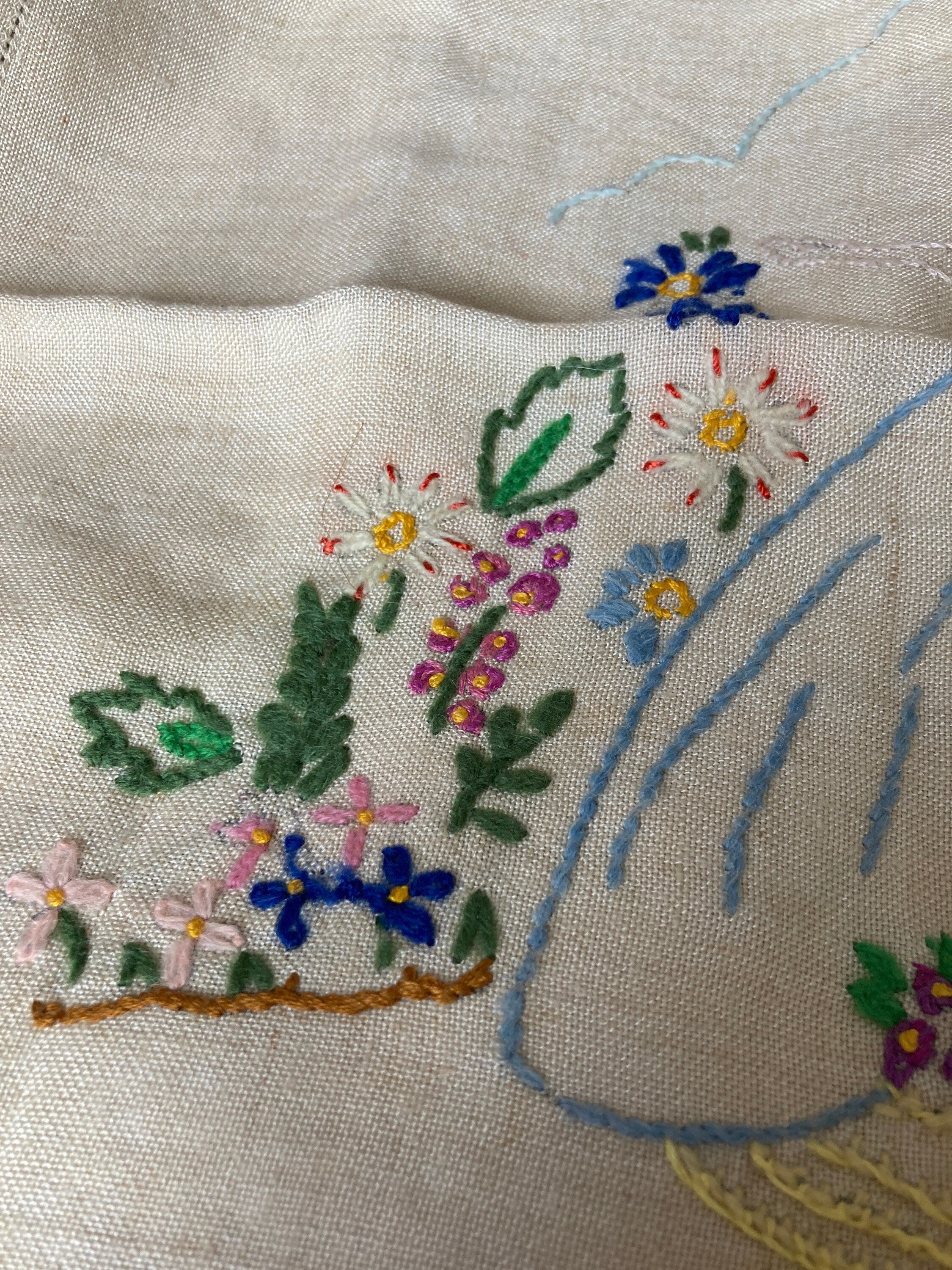 Crinoline lady Vintage beige square hand embroidered linen pillow cushion cover 18 inch