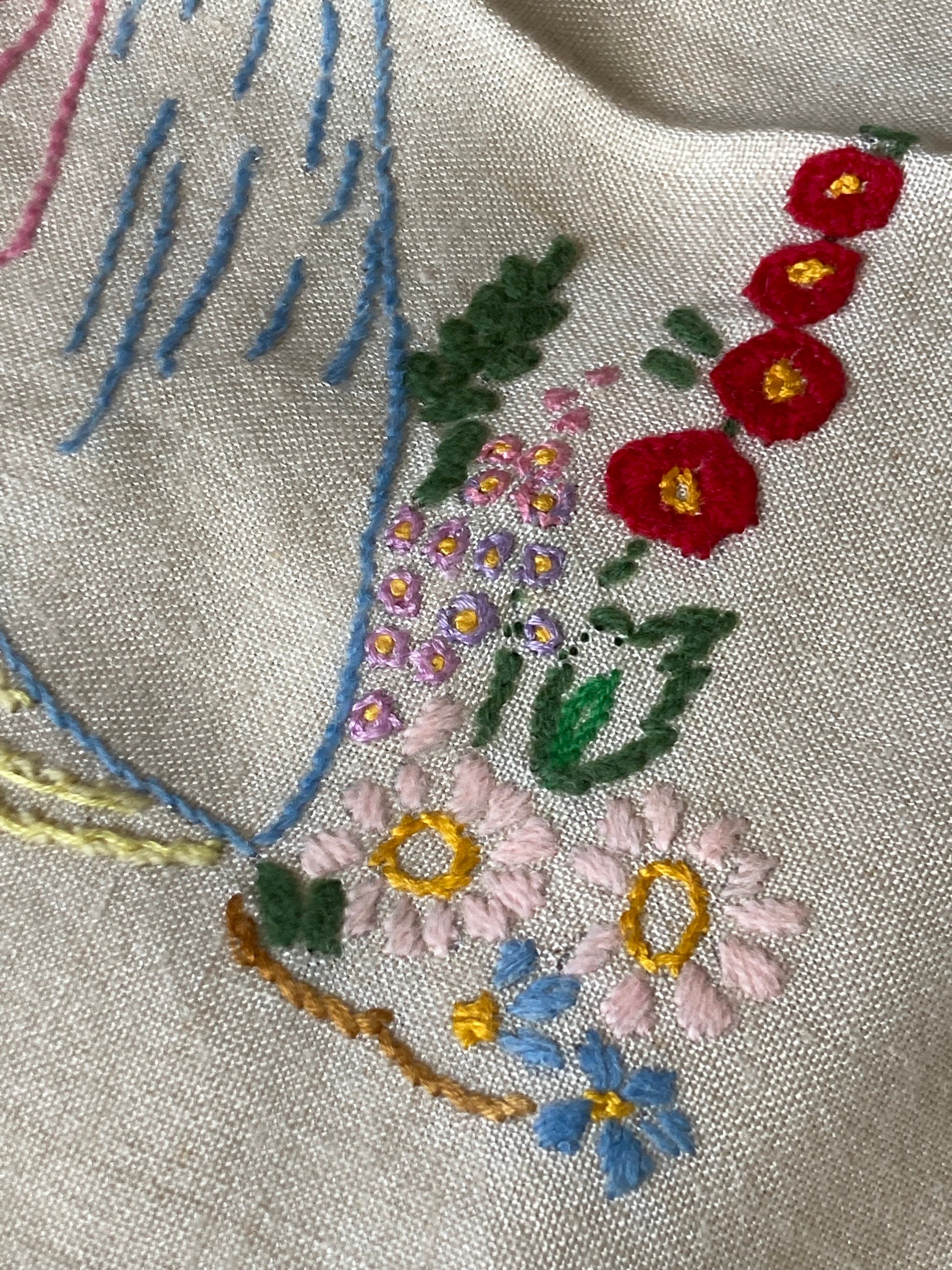 Crinoline lady Vintage beige square hand embroidered linen pillow cushion cover 18 inch