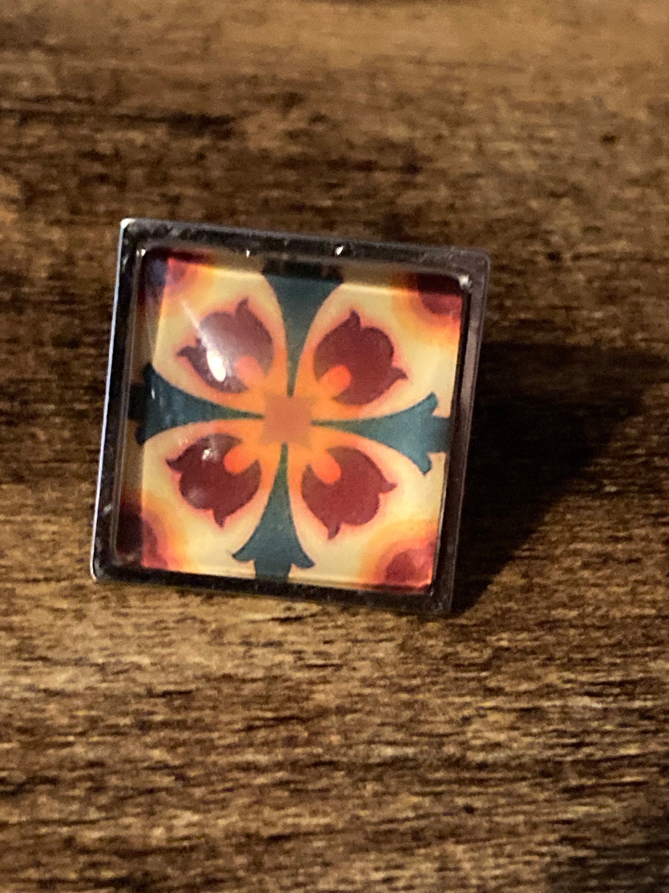 Victorian Tile Ring: Oversized Silver Tone Art Nouveau Adjustable Ring