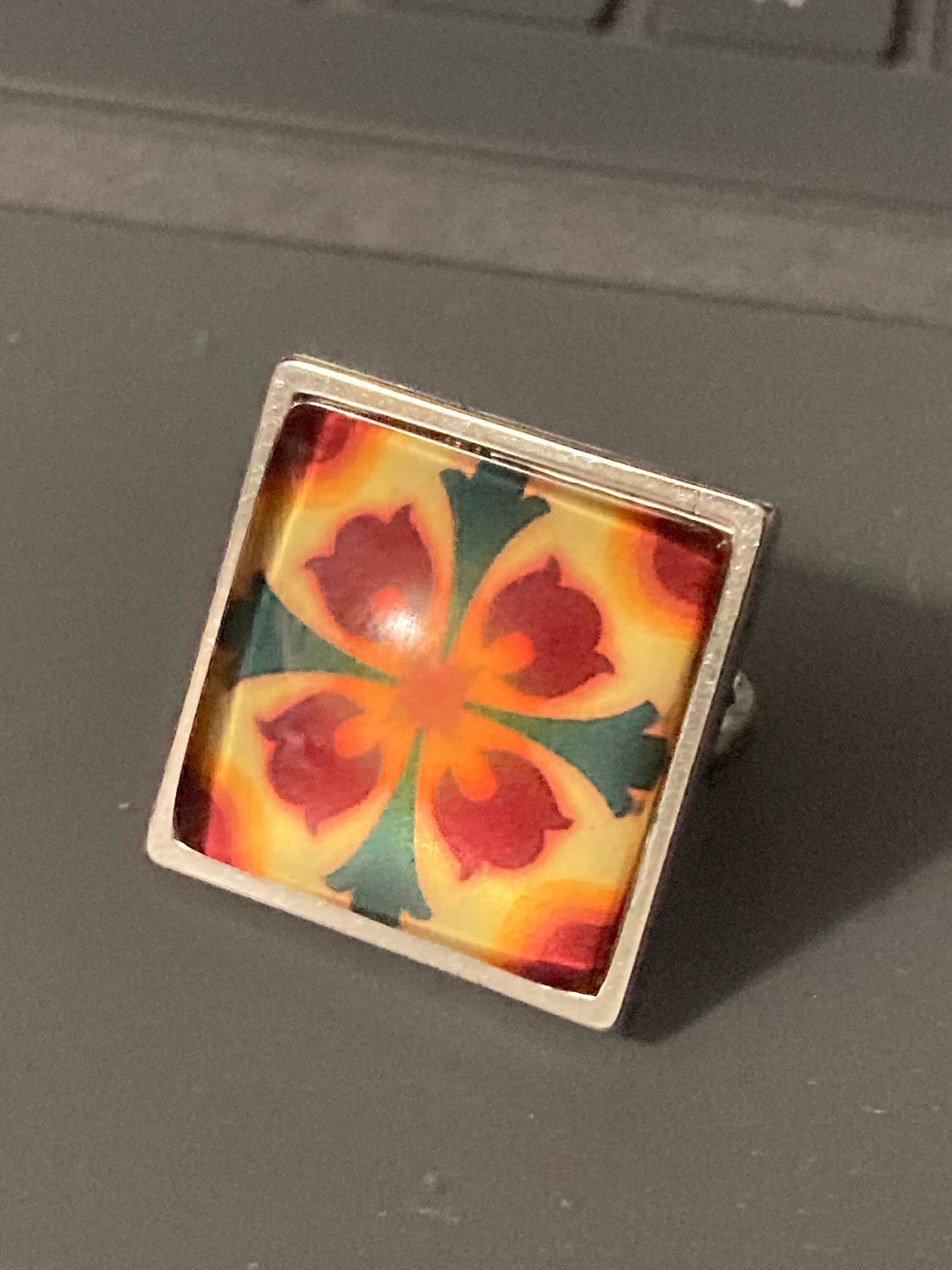 Victorian Tile Ring: Oversized Silver Tone Art Nouveau Adjustable Ring