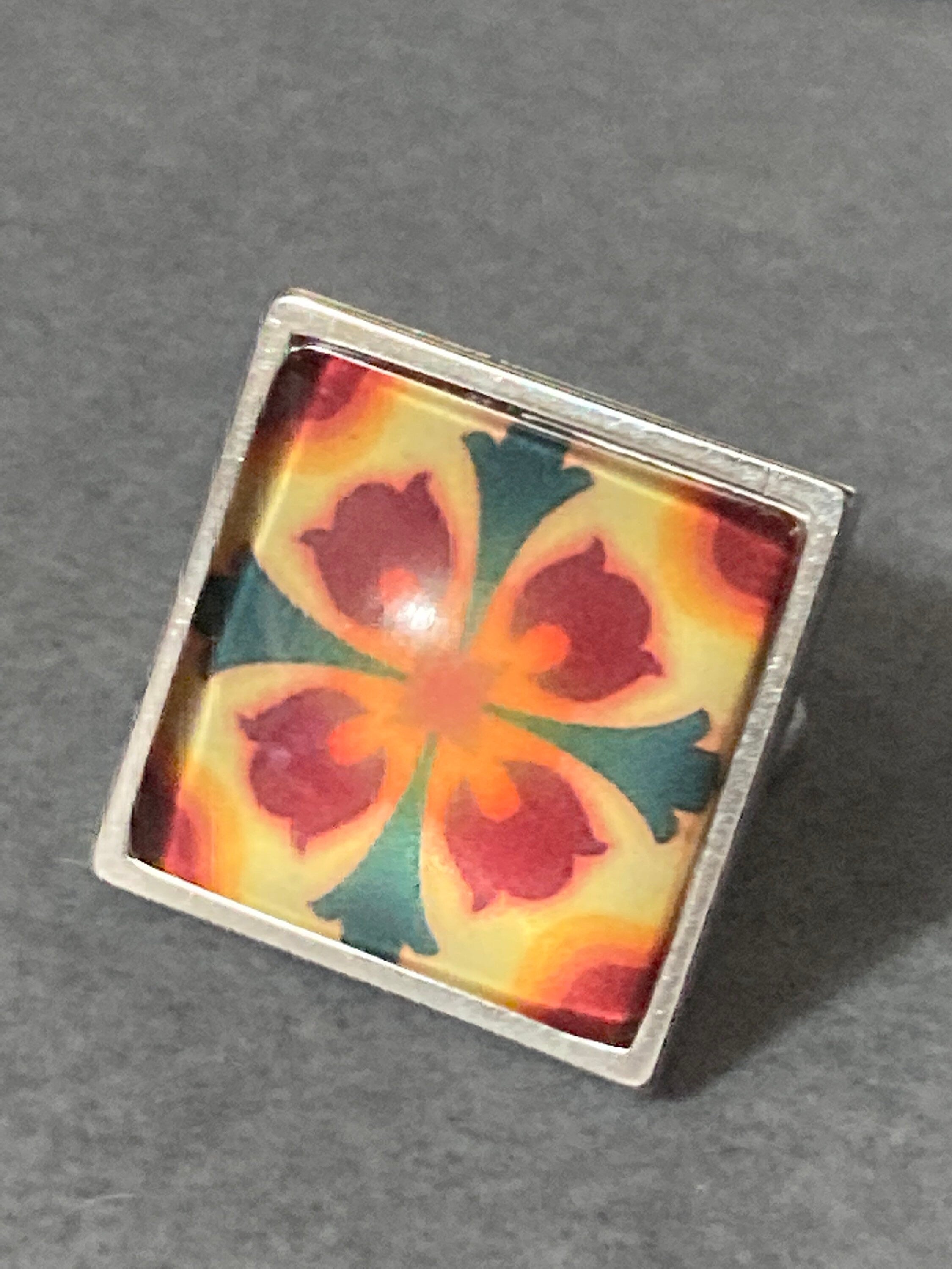 Victorian Tile Ring: Oversized Silver Tone Art Nouveau Adjustable Ring