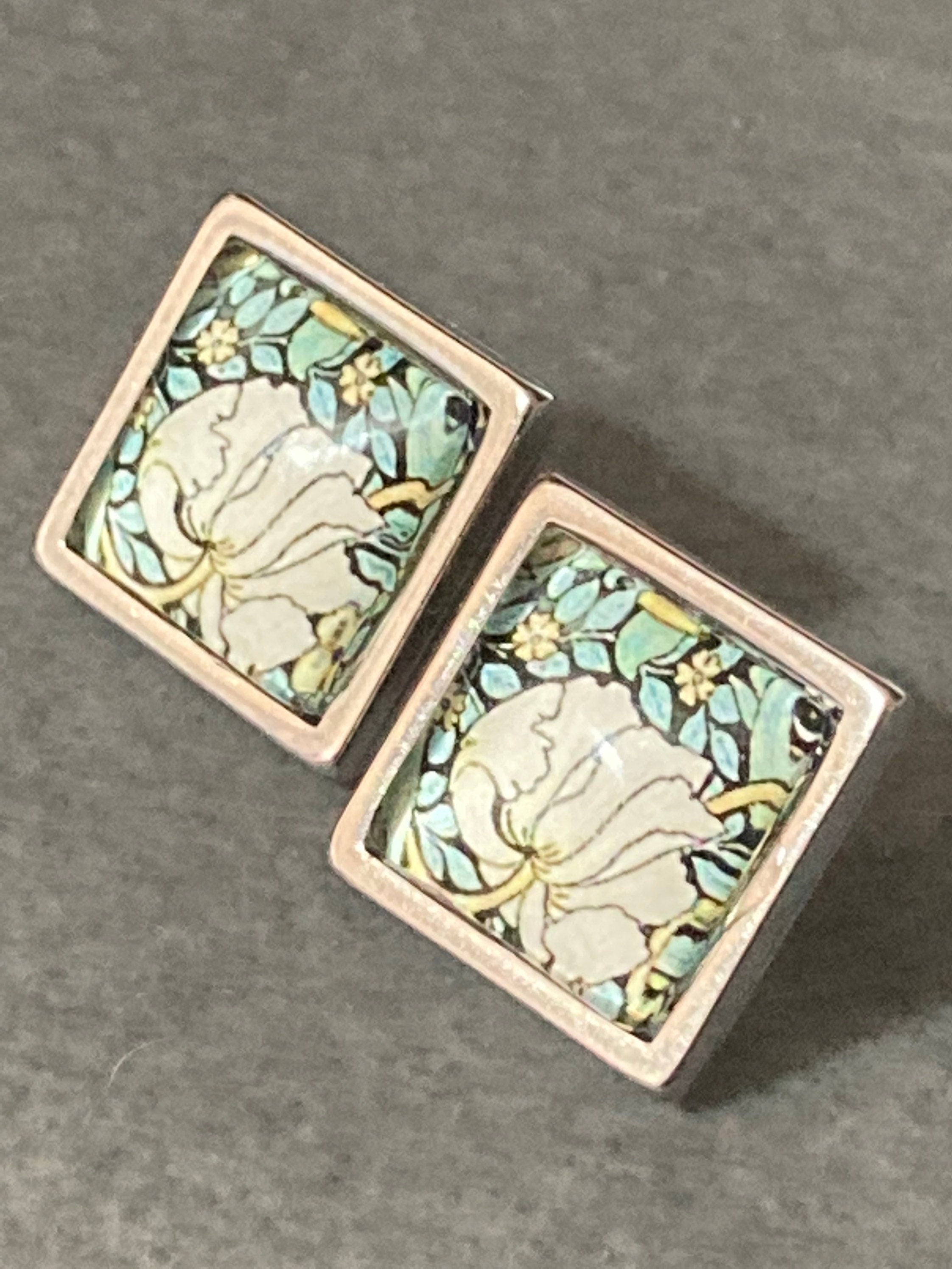 art nouveau style floral ring 12.5mm stainless steel square tile glass cabochon adjustable size