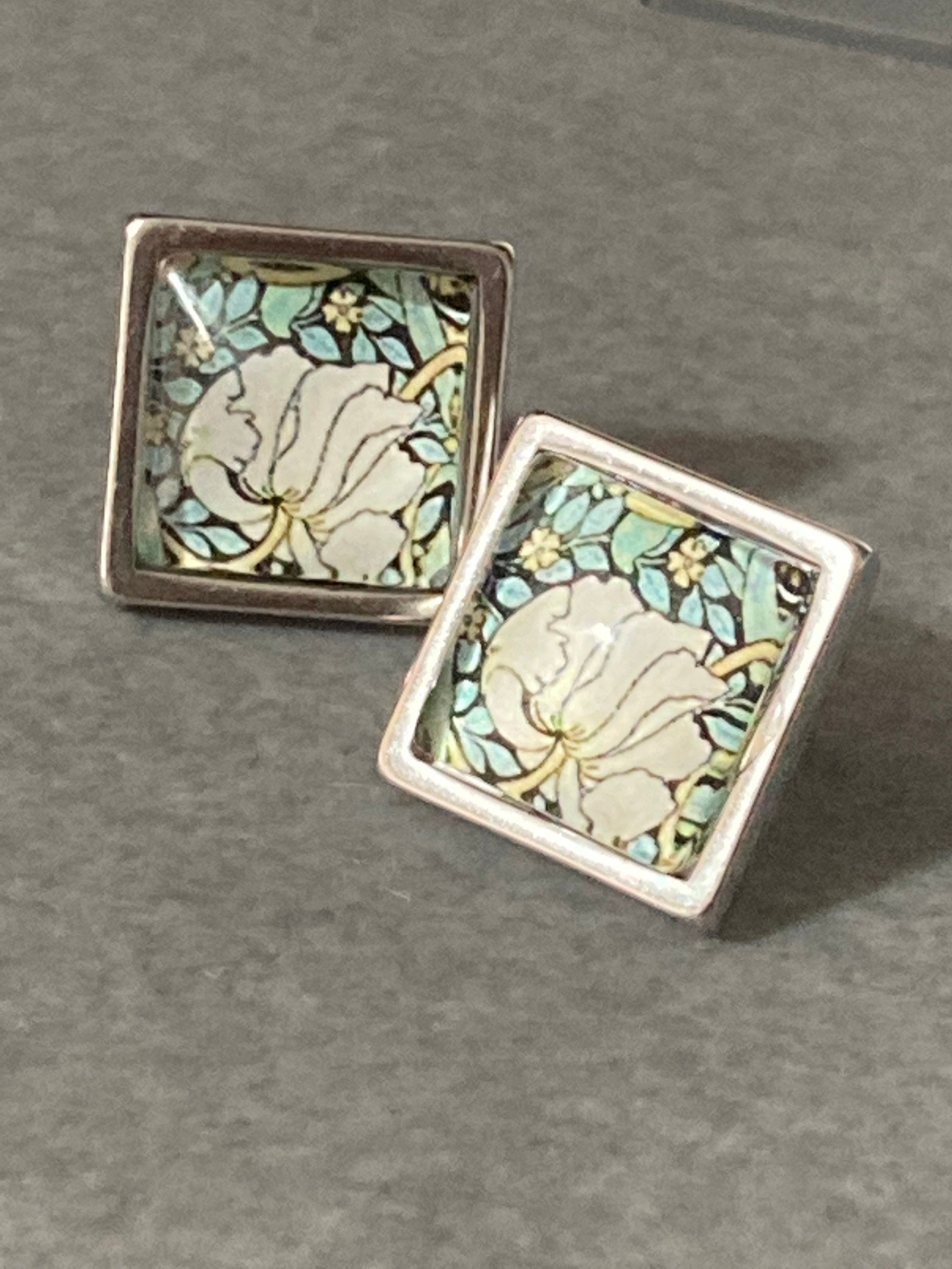 square glass tile floral flower silver stud earrings art nouveau style Handmade stainless steel