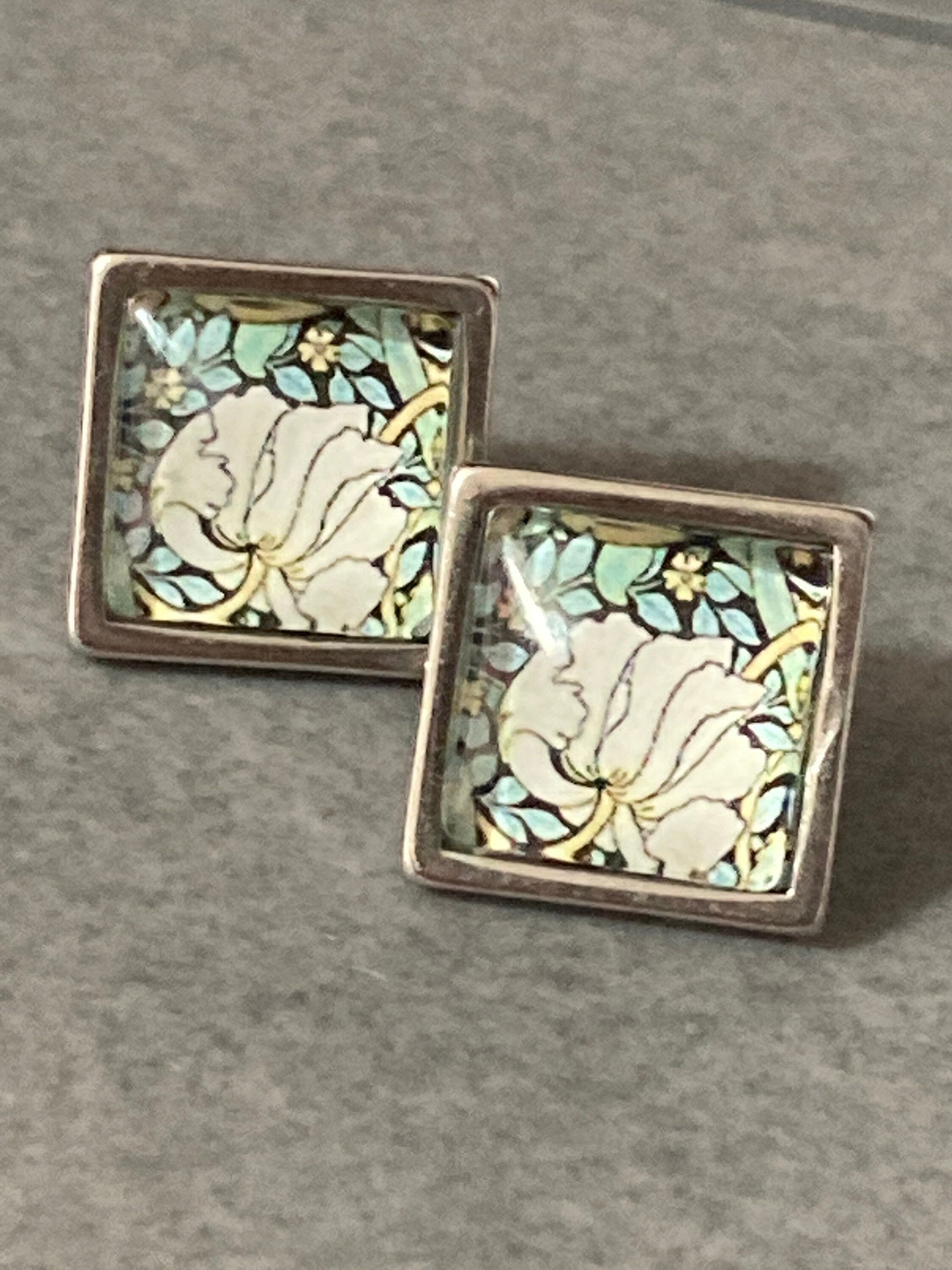 square glass tile floral flower silver stud earrings art nouveau style Handmade stainless steel