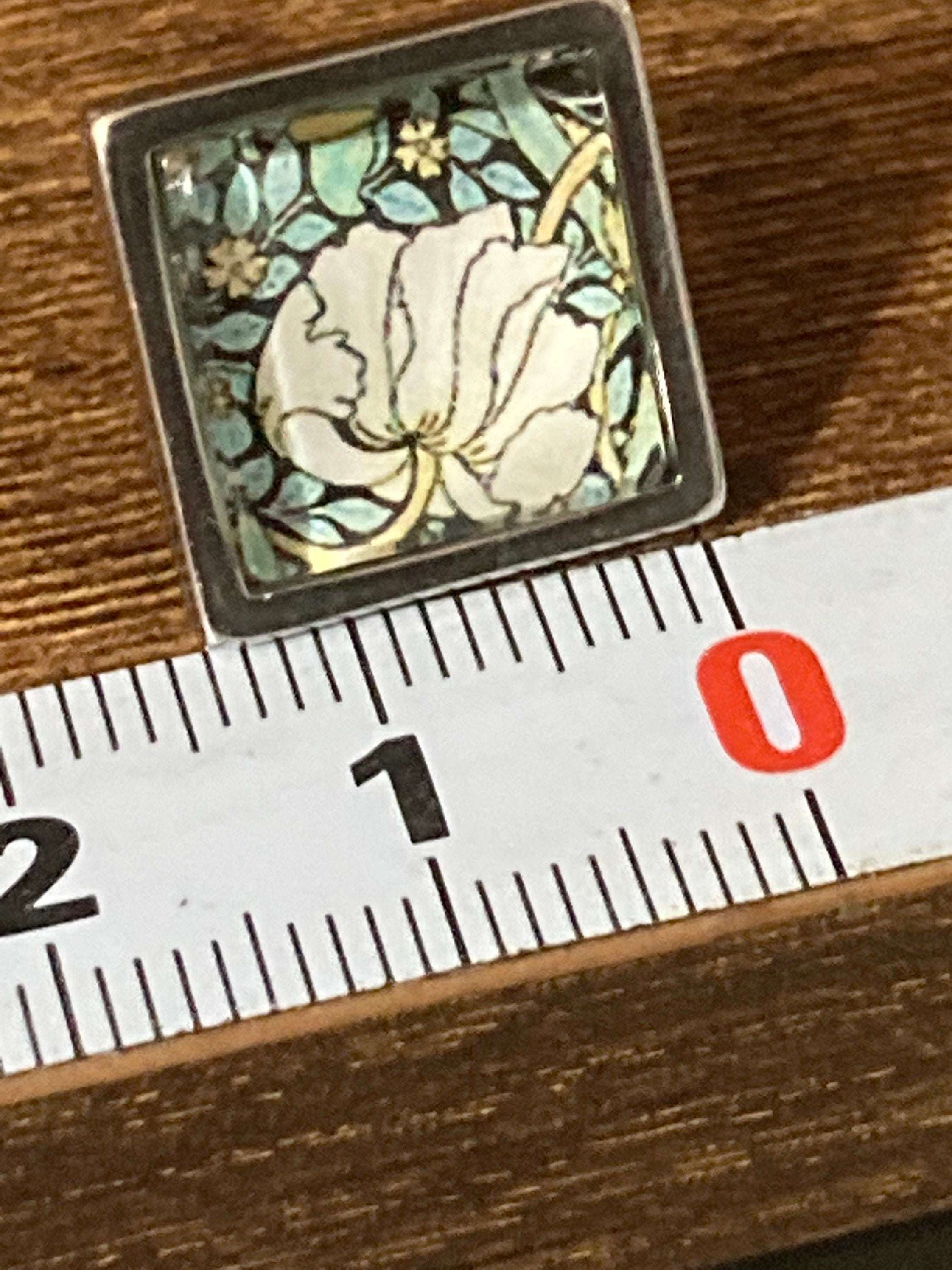 square glass tile floral flower silver stud earrings art nouveau style Handmade stainless steel