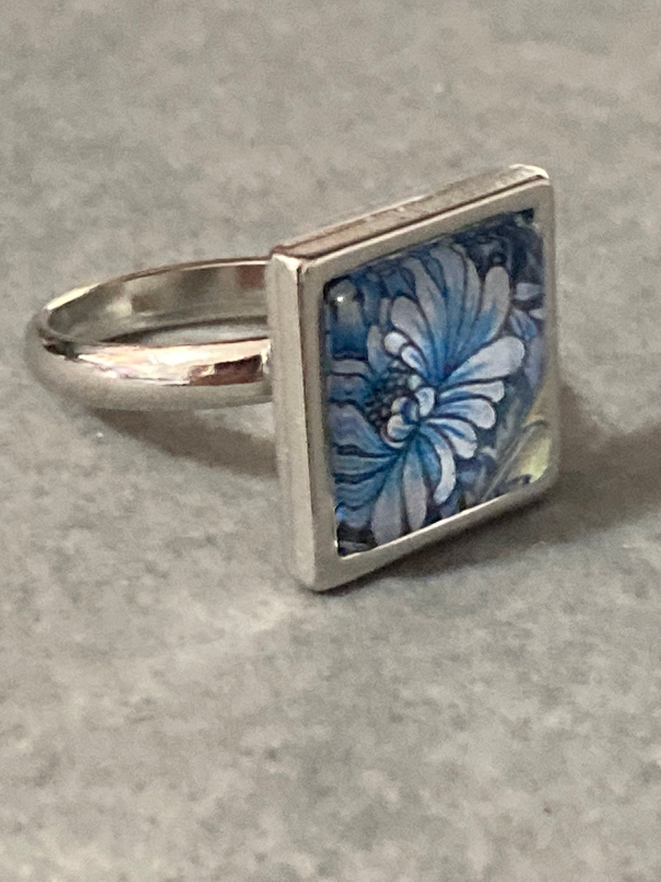 William morris print ring stainless steel blue floral square glass adj size N O P Q R S