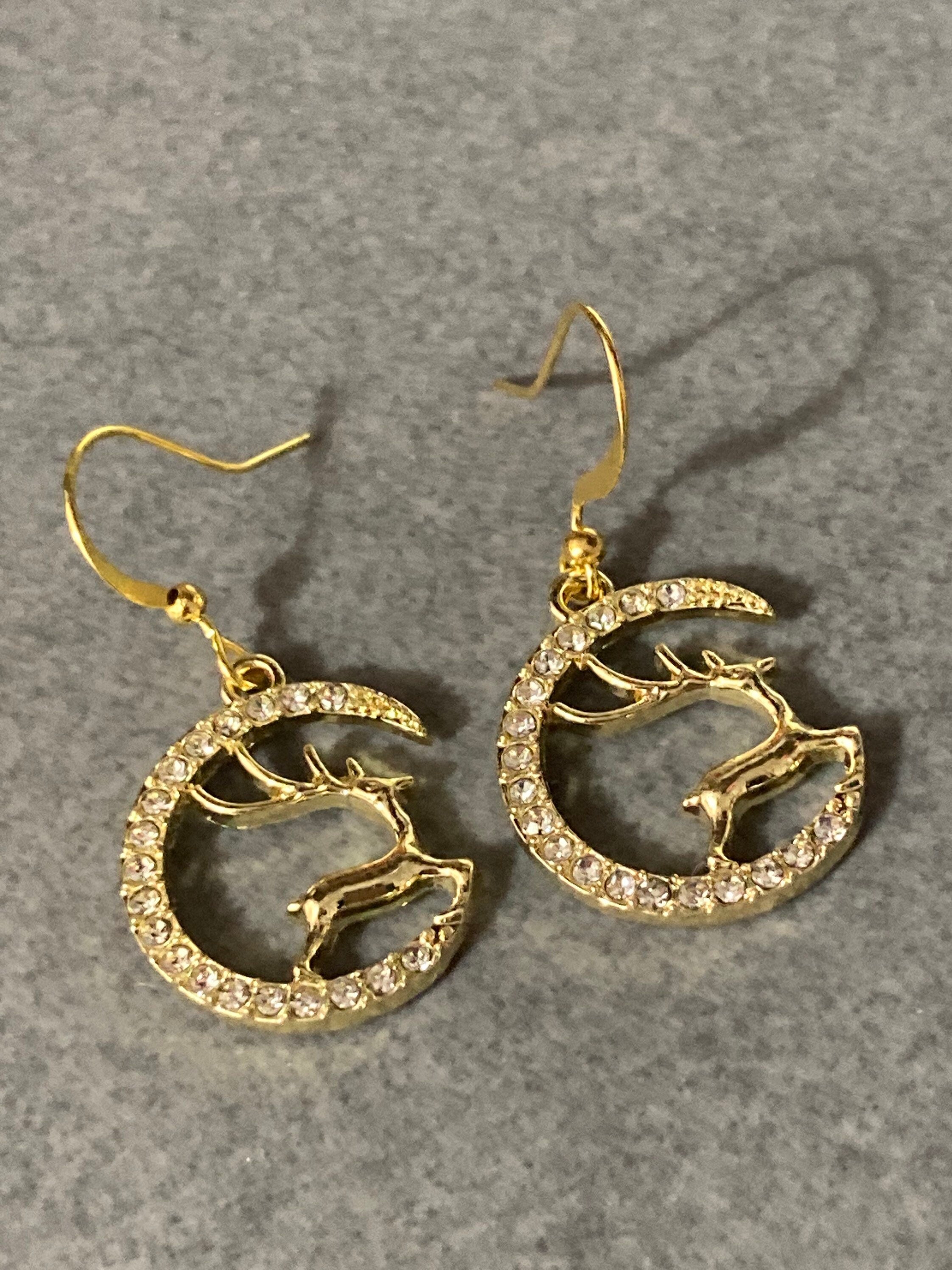 Christmas flying reindeer clear diamanté bling drop earrings l