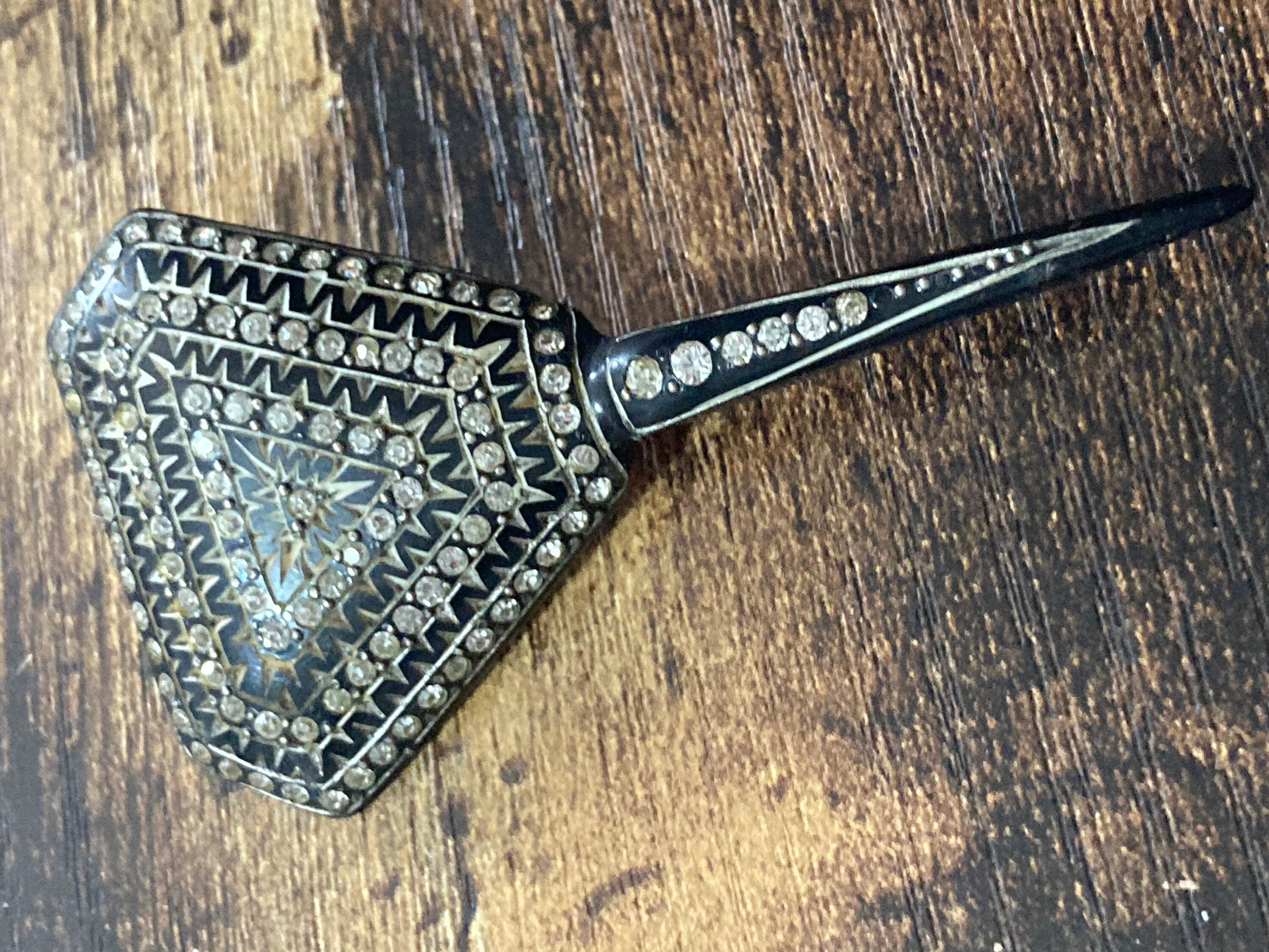 Art Deco Rhinestone Hat Pin: Black Bakelite Pique Work