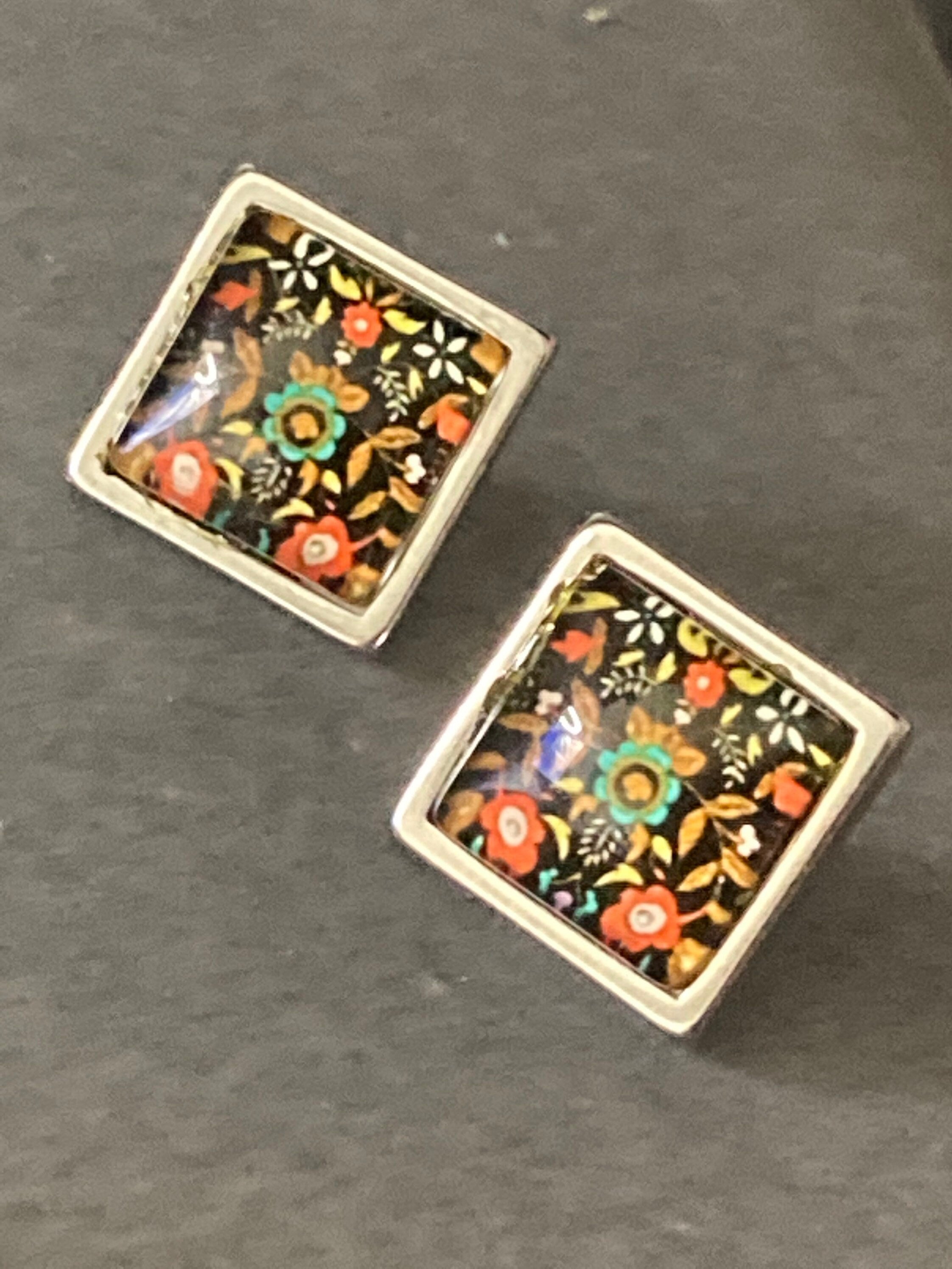 stainless steel square glass tile silver stud earrings arts and crafts style