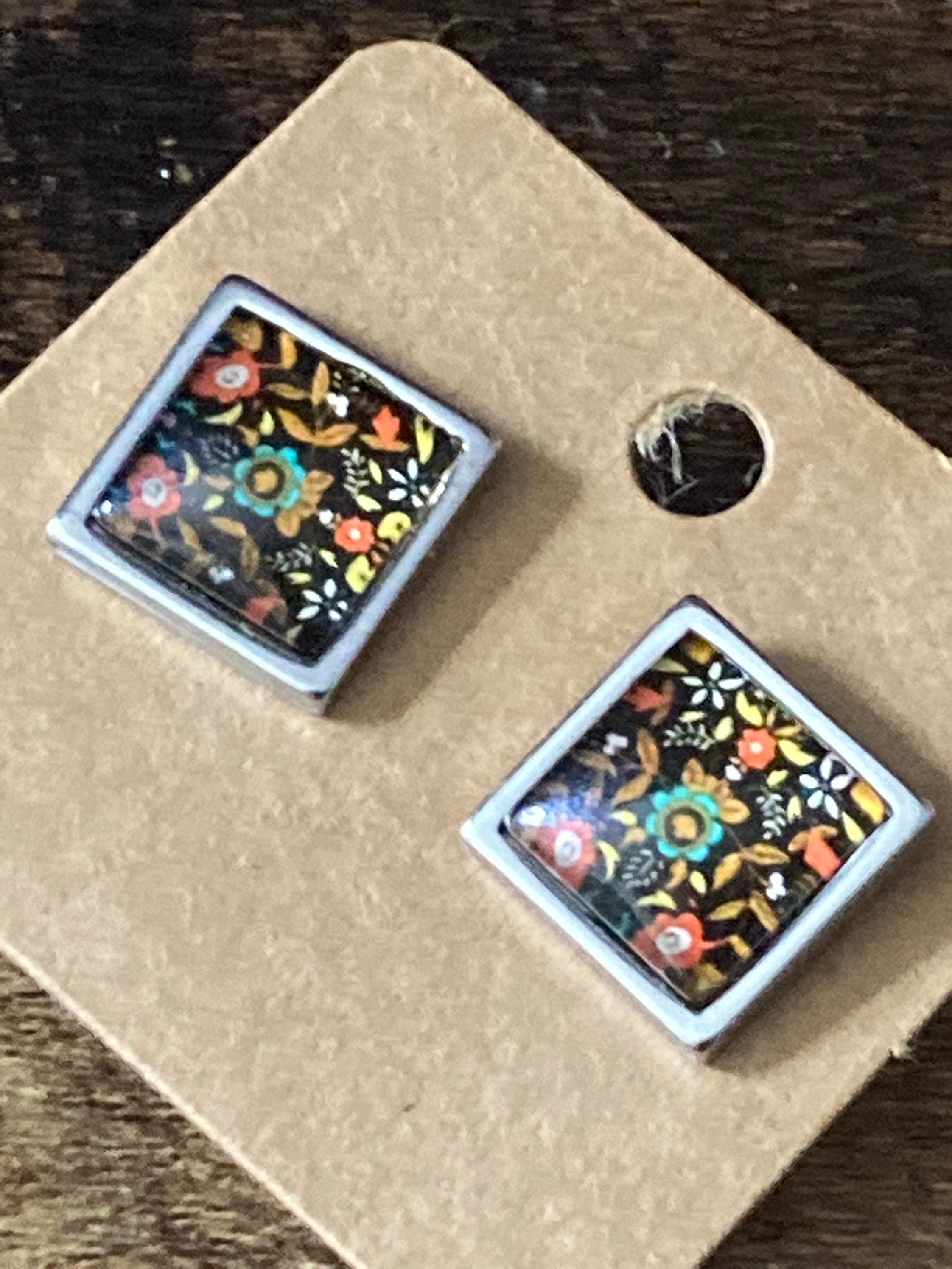 stainless steel square glass tile silver stud earrings arts and crafts style