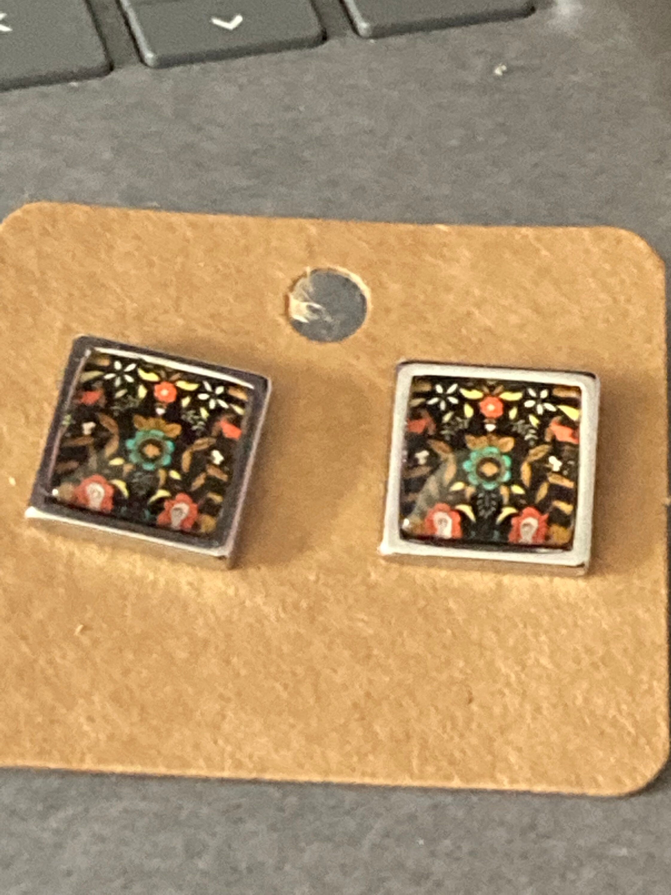 stainless steel square glass tile silver stud earrings arts and crafts style