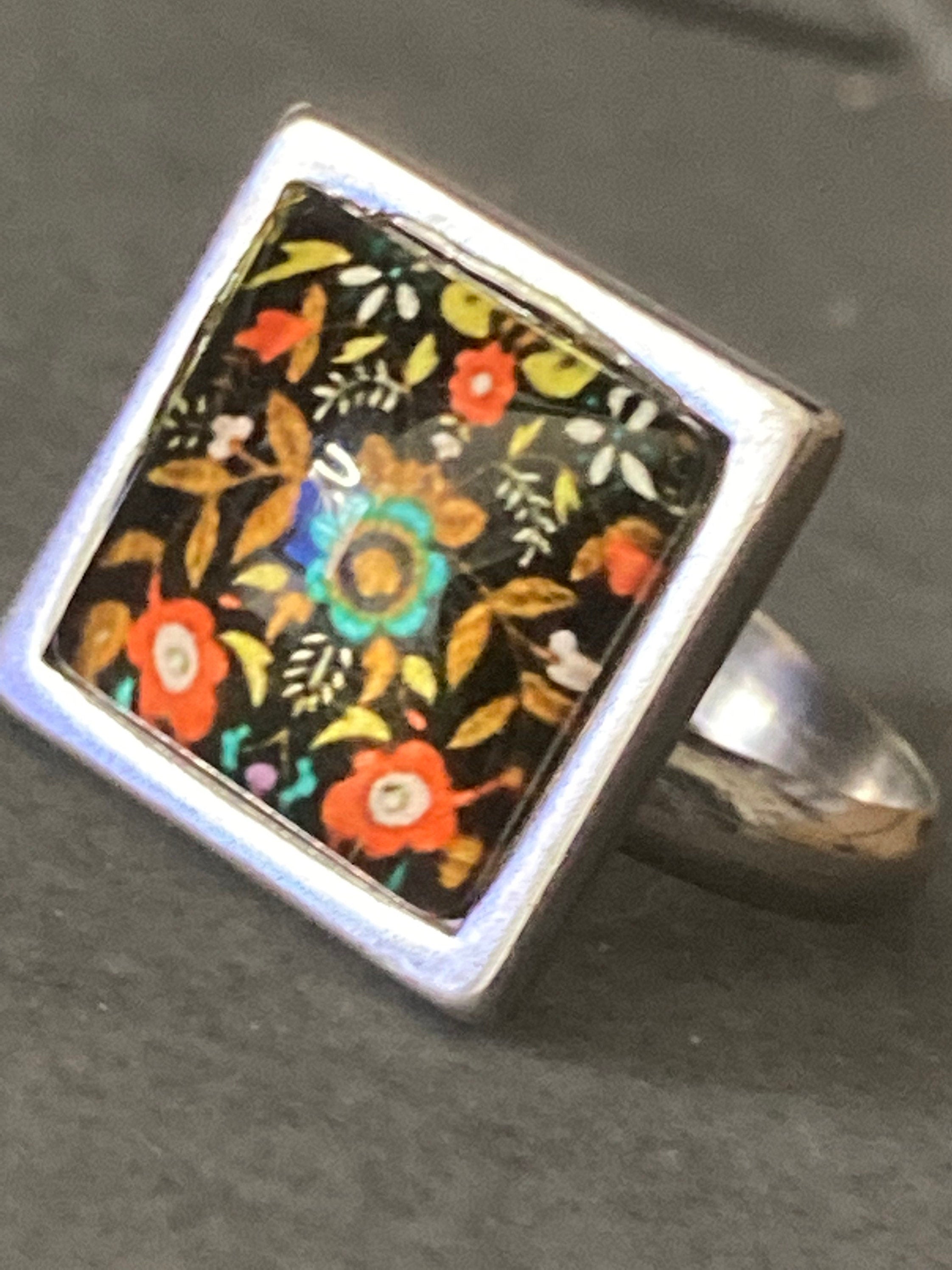 stainless steel square glass tile silver dress ring arts and crafts