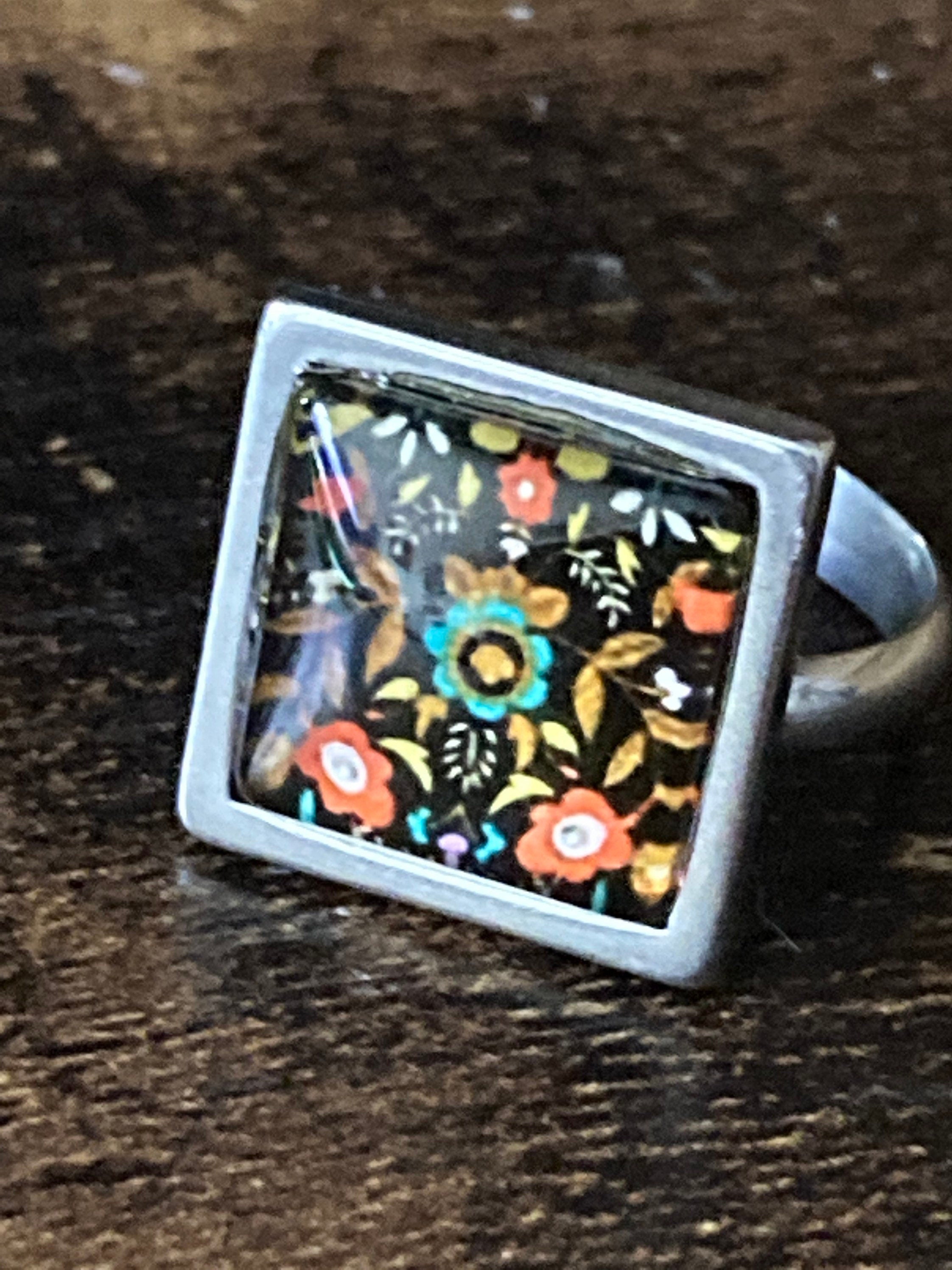 stainless steel square glass tile silver dress ring arts and crafts