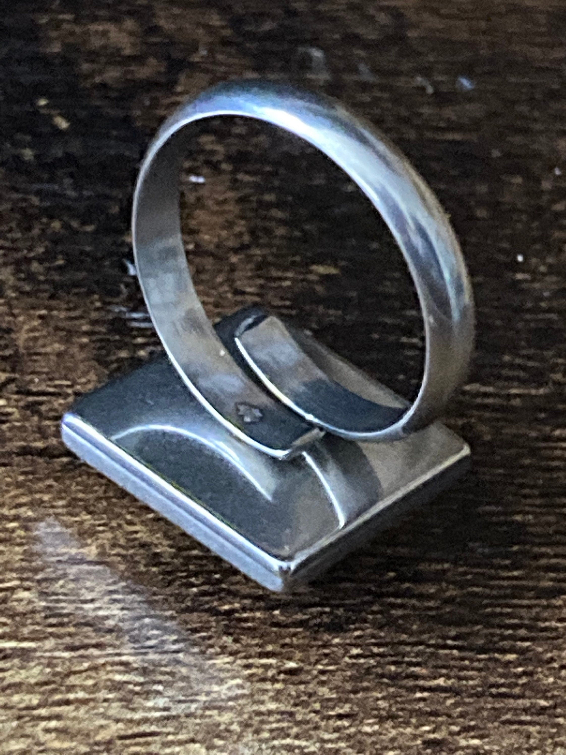 Handmade Stainless Steel Adjustable Ring: Blue & White Tile Cabochon