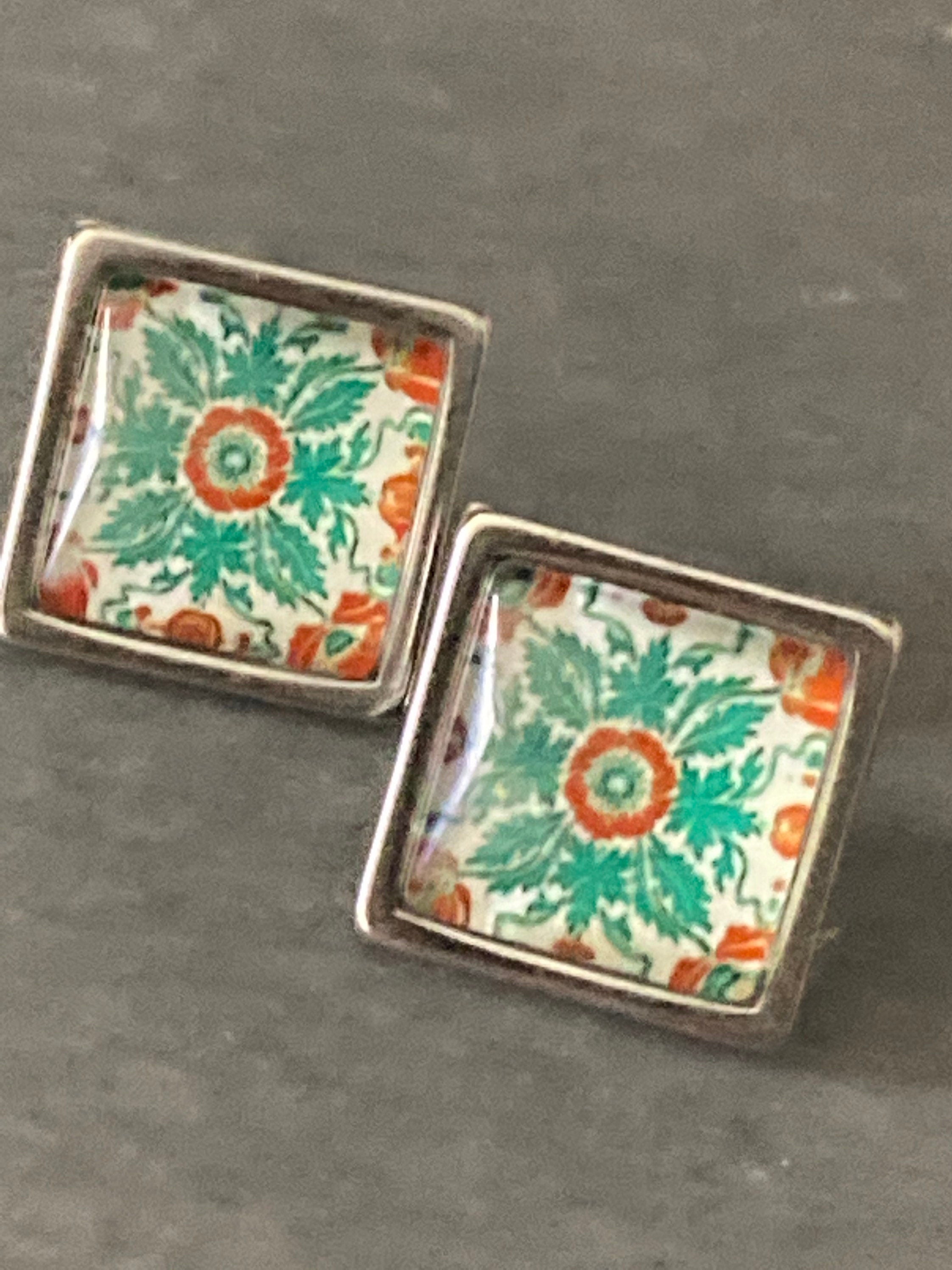 stainless steel square glass tile silver stud earrings art nouveau arts and crafts style