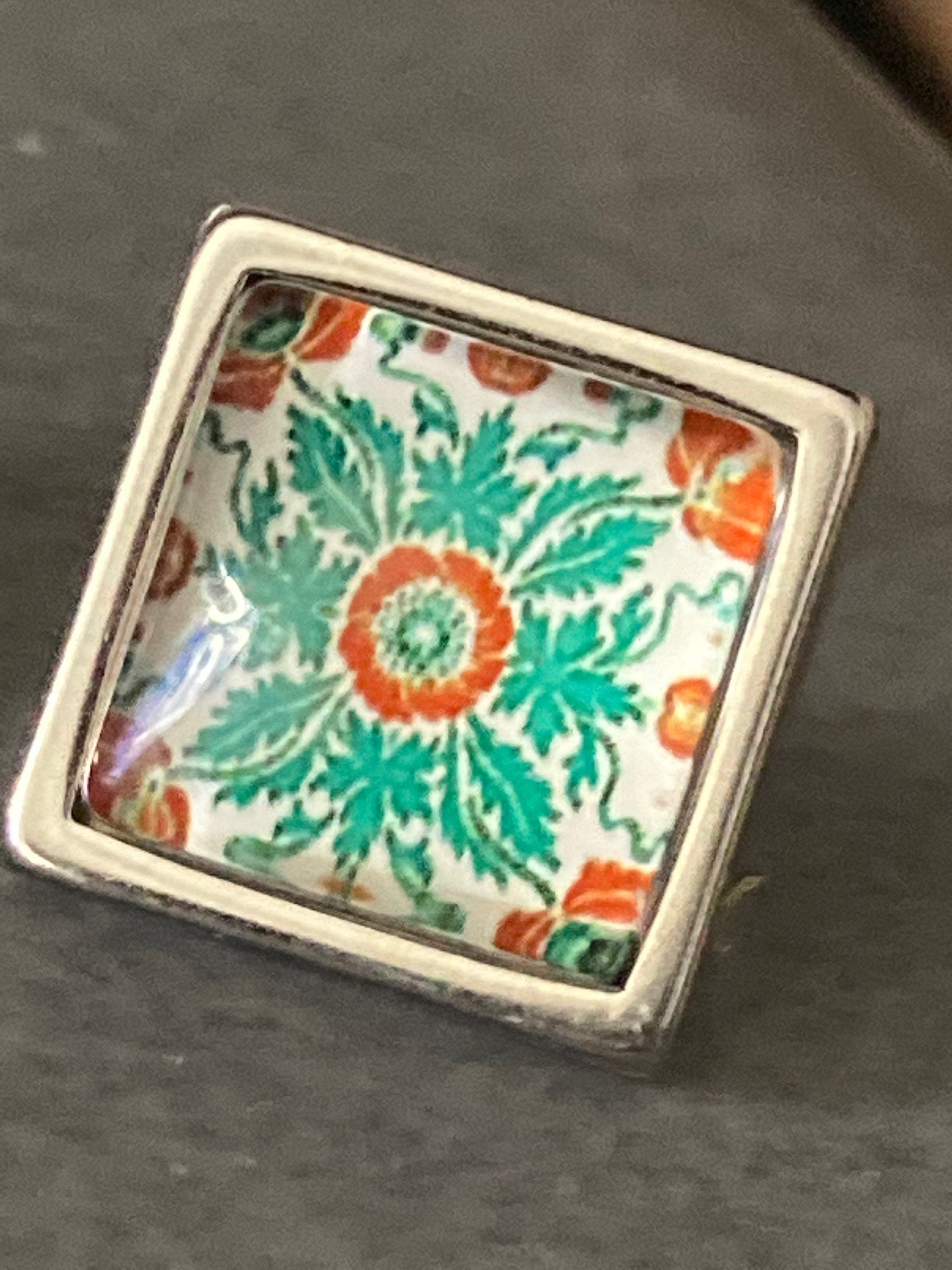 stainless steel square glass tile silver stud earrings art nouveau arts and crafts style