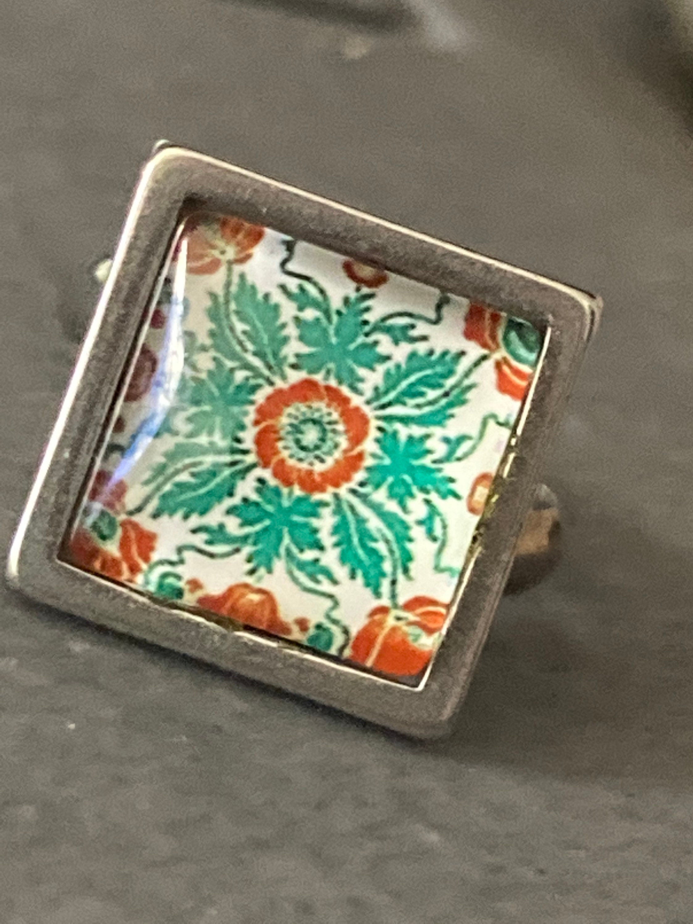 stainless steel square glass tile silver stud earrings art nouveau arts and crafts style