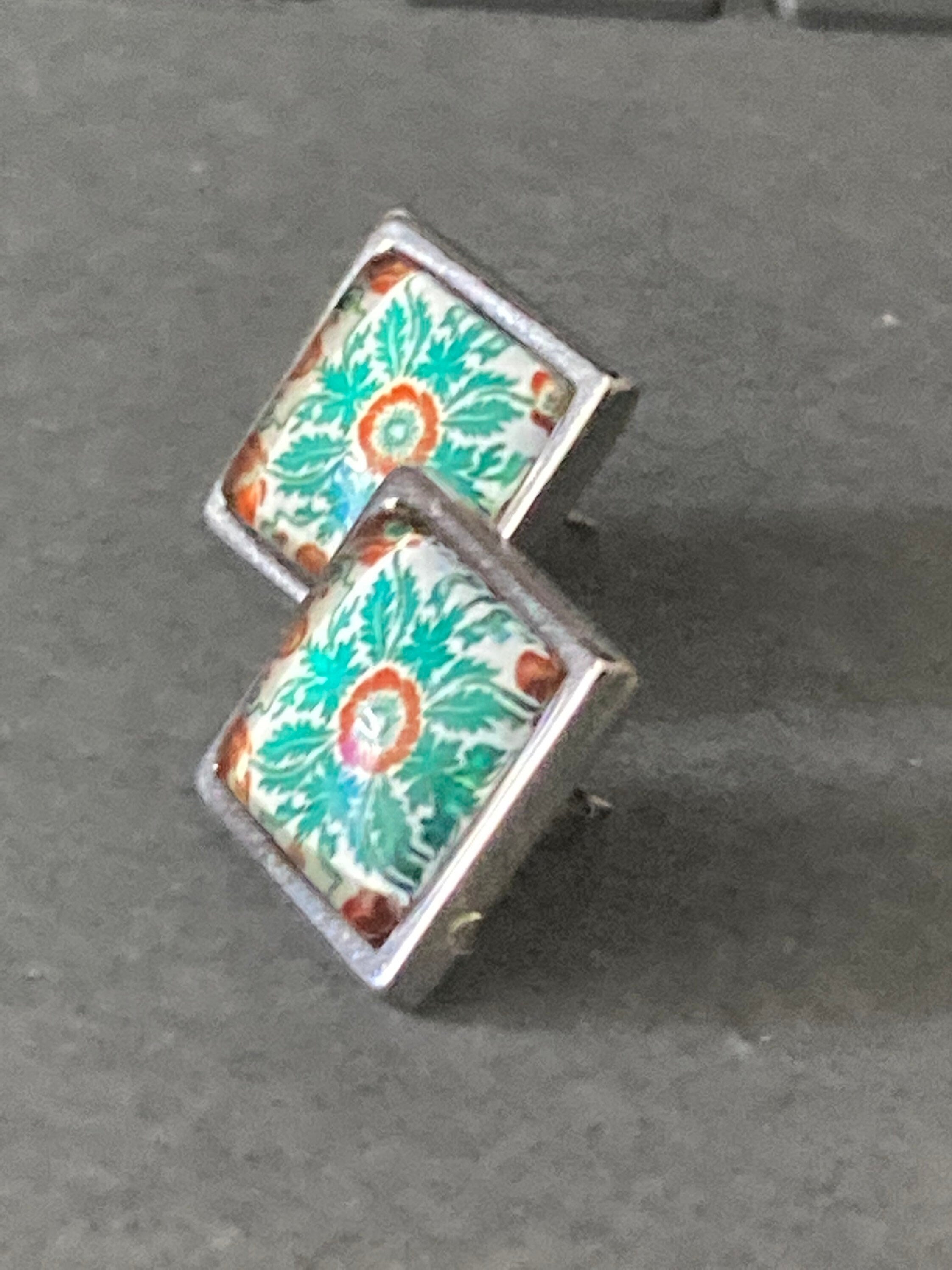 stainless steel square glass tile silver stud earrings art nouveau arts and crafts style