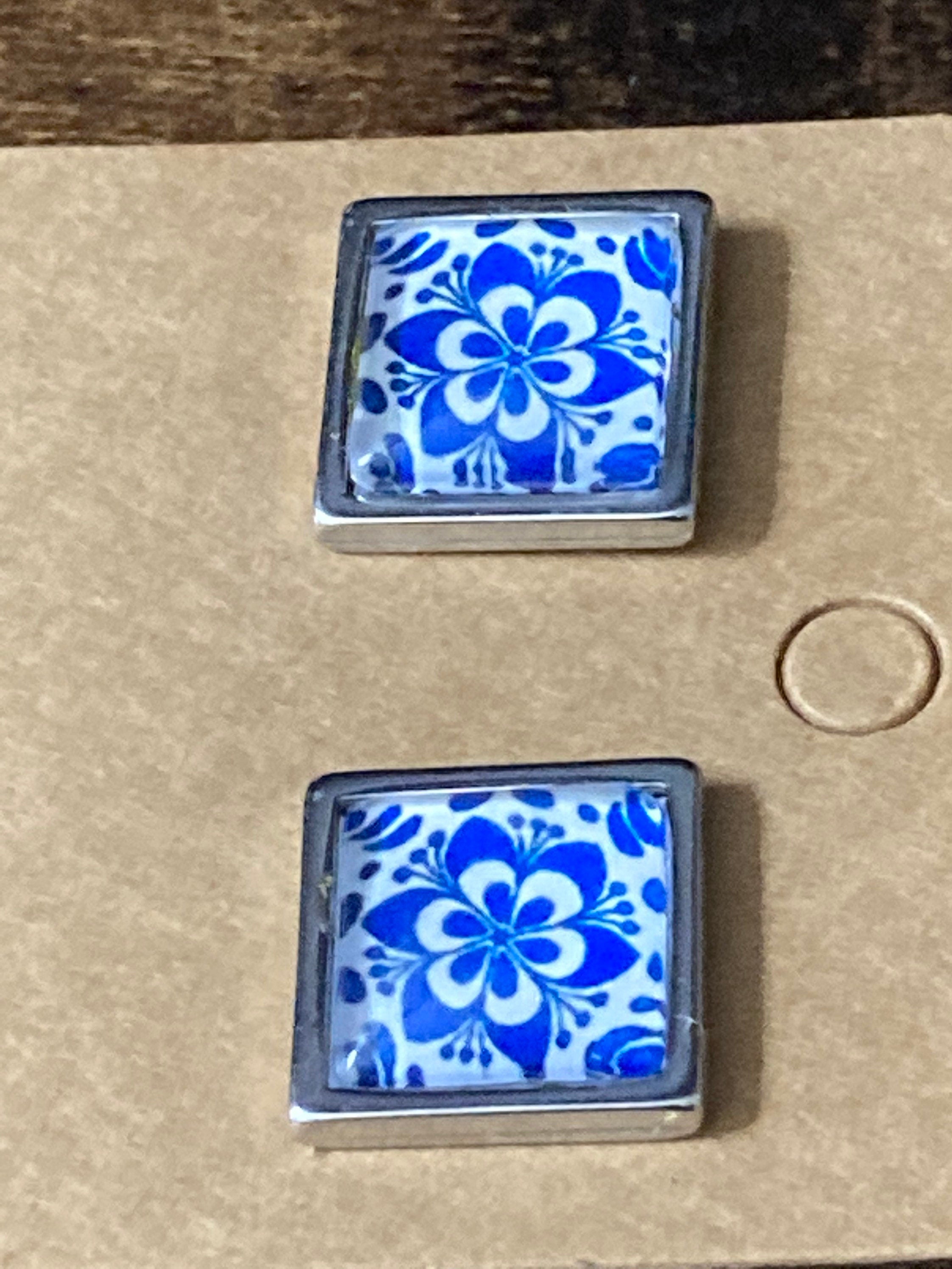 Blue and white printed glass tile earrings stainless steel studs