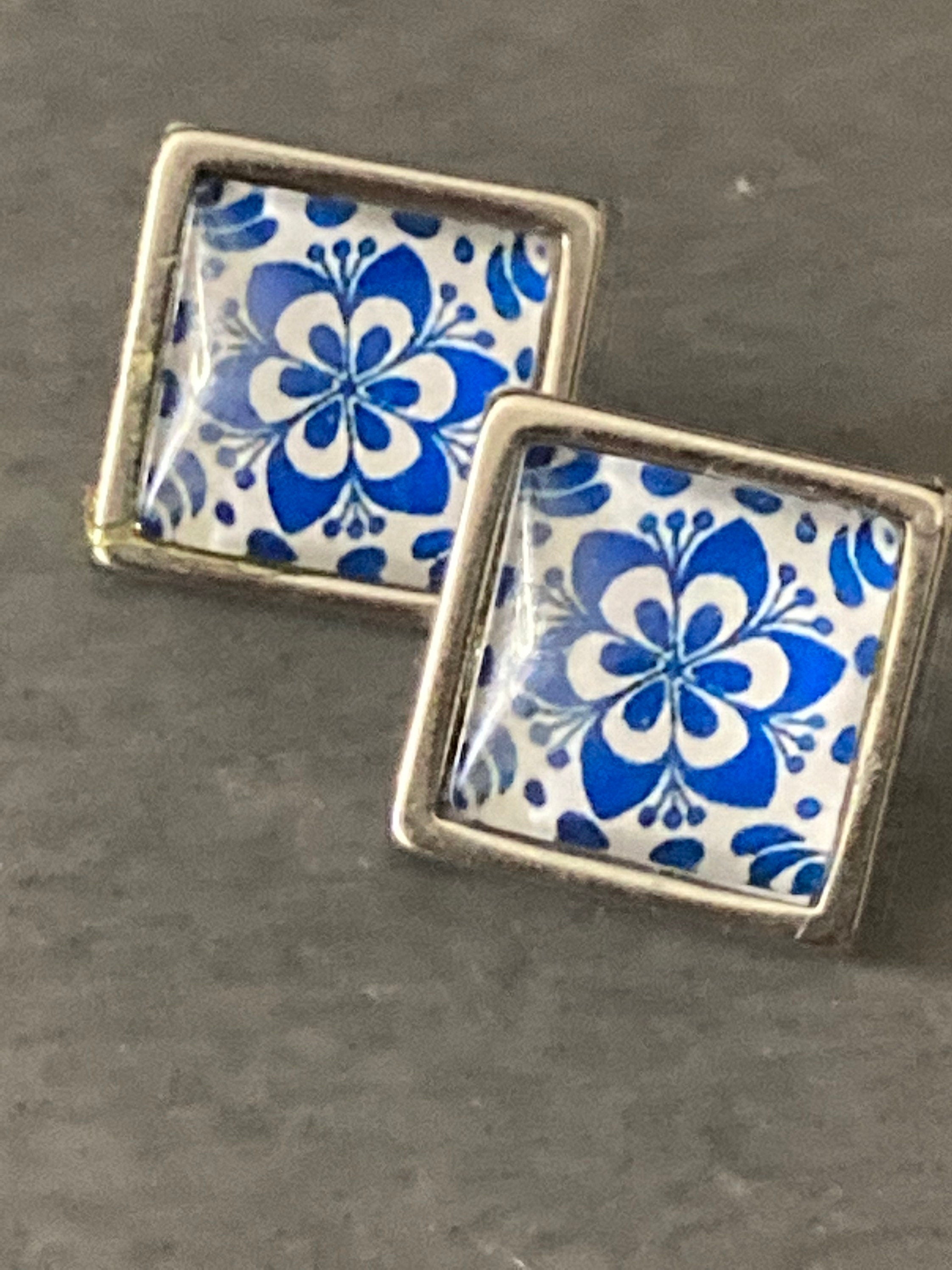 Blue and white printed glass tile earrings stainless steel studs