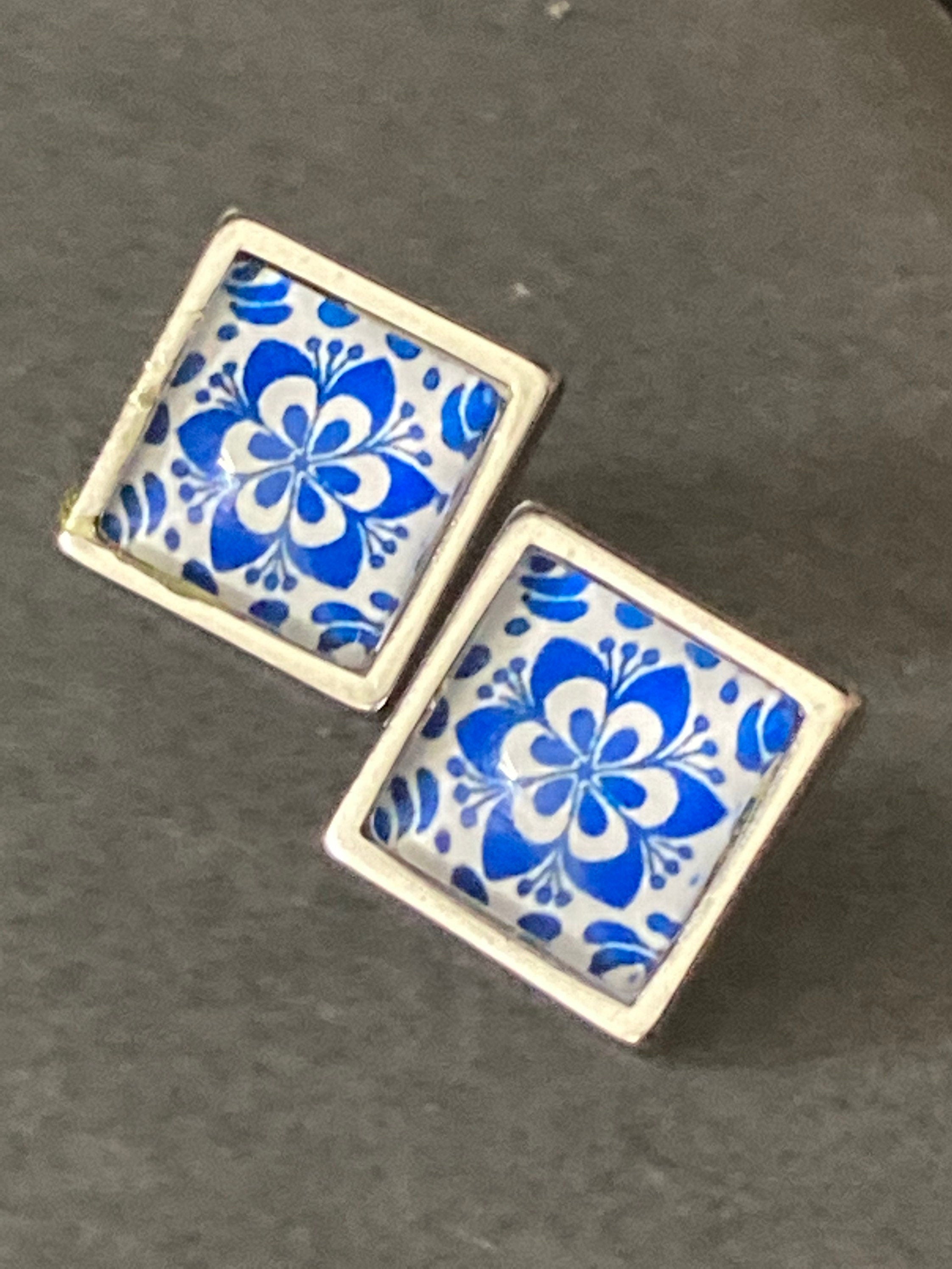 Blue and white printed glass tile earrings stainless steel studs